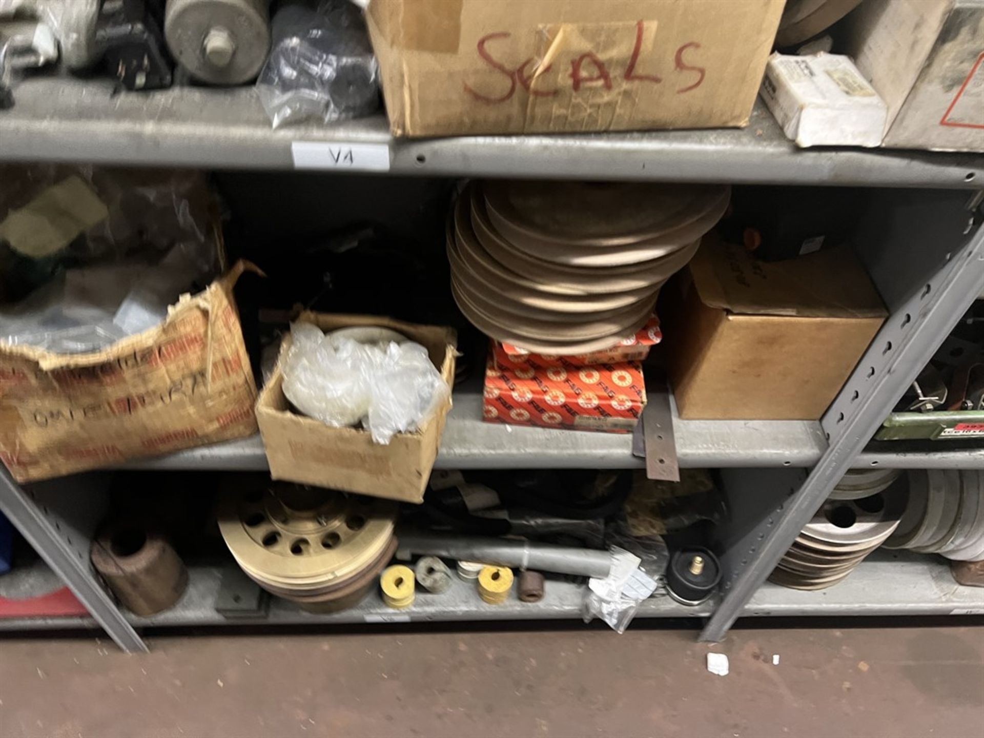 Maintenance Crib- Row of Shop Shelving w/ Contents Including Bearings, Pulleys, Belts, Valves, PVC - Image 13 of 26