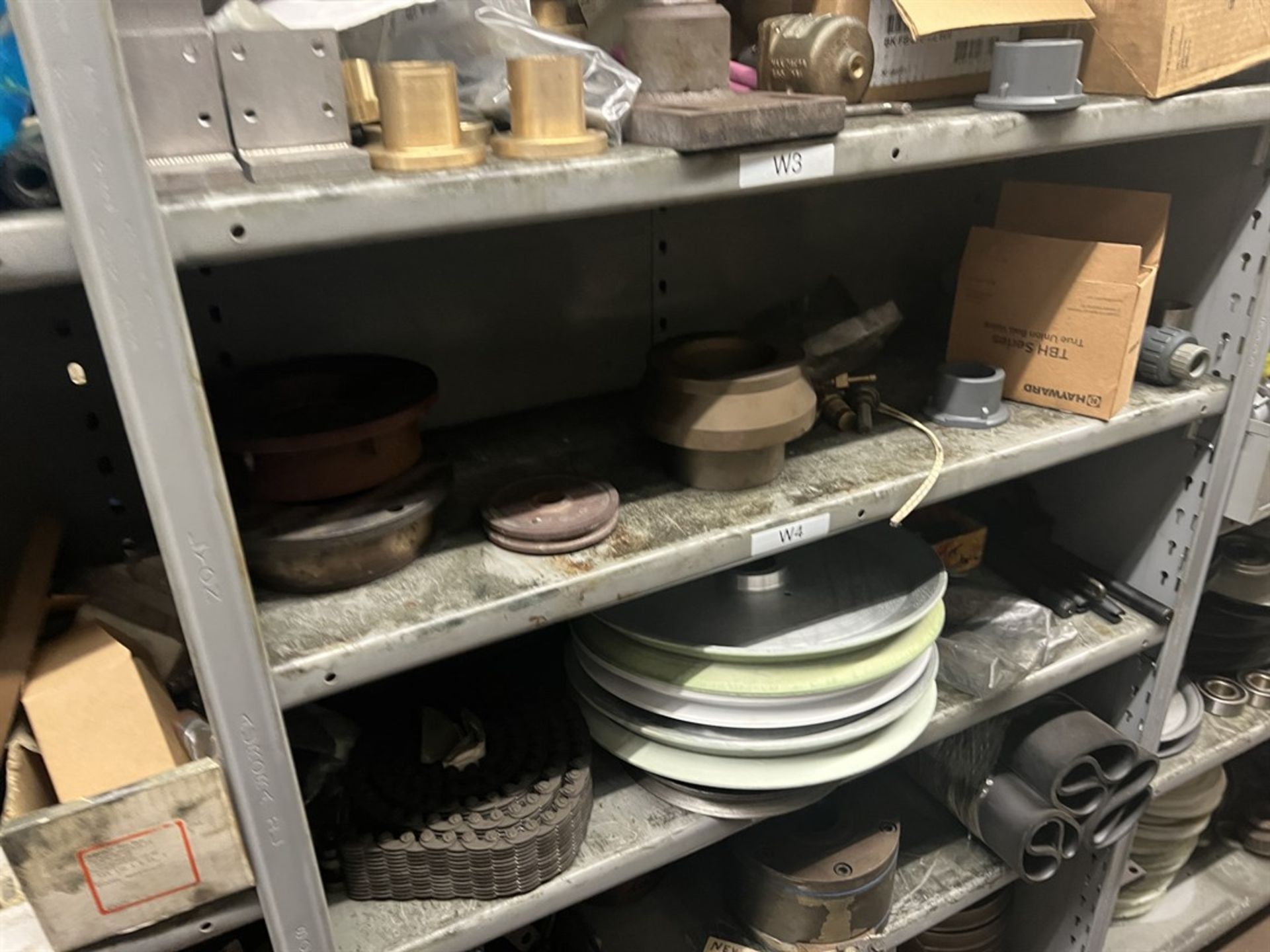 Maintenance Crib- Row of Shop Shelving w/ Contents Including Bearings, Pulleys, Belts, Valves, PVC - Image 15 of 26