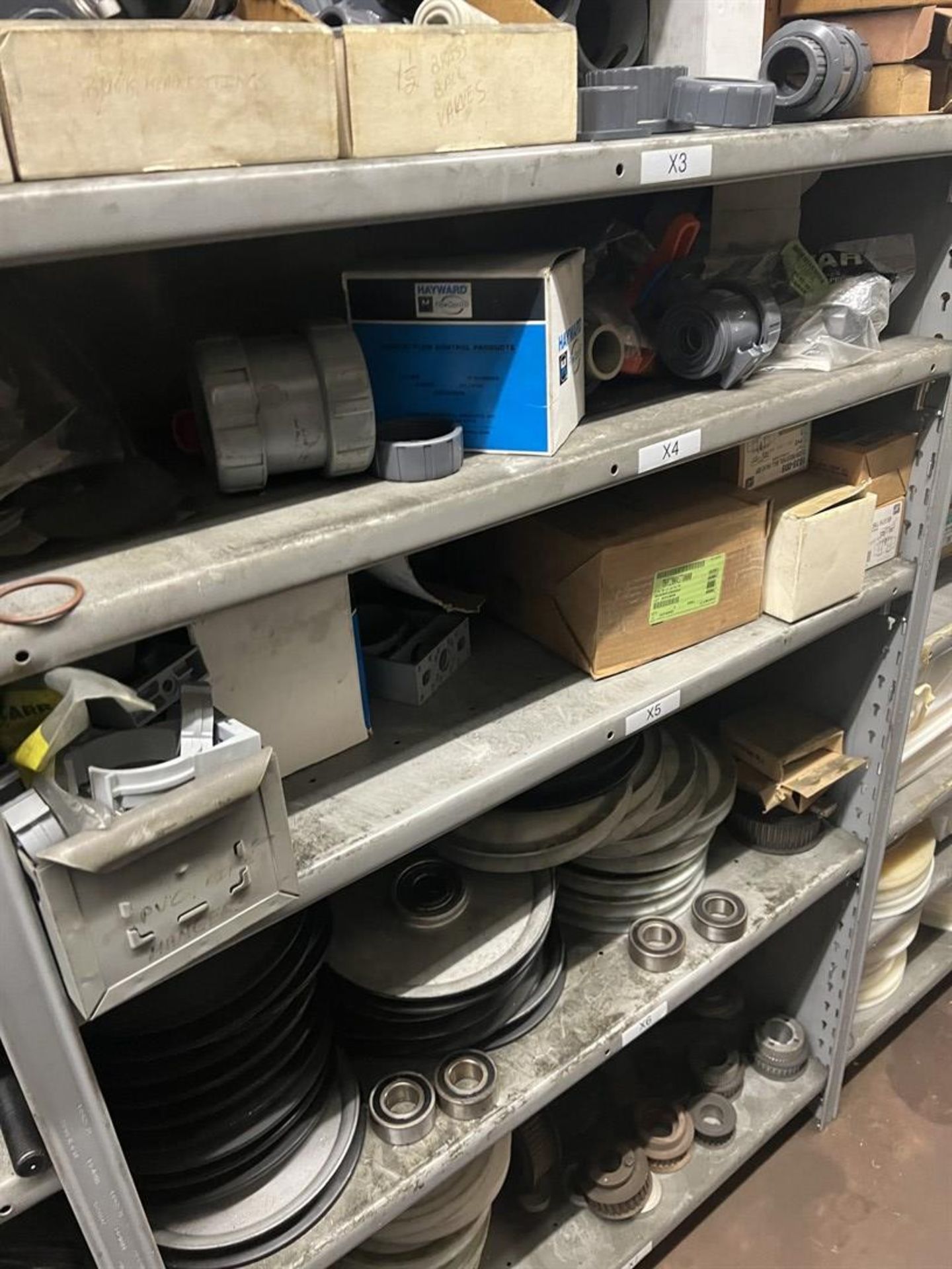 Maintenance Crib- Row of Shop Shelving w/ Contents Including Bearings, Pulleys, Belts, Valves, PVC - Image 22 of 26