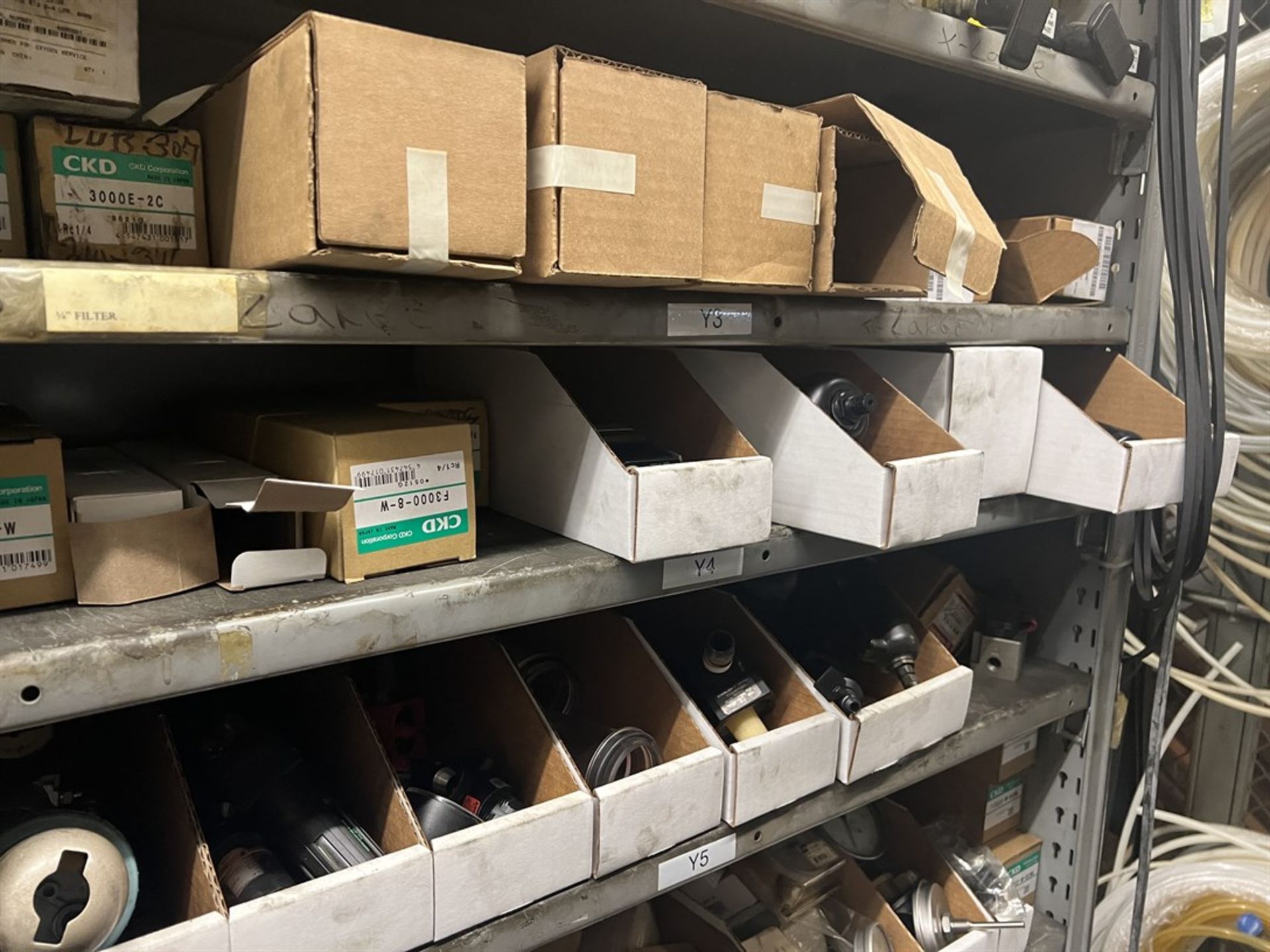 Maintenance Crib- Row of Shop Shelving w/ Contents Including Bearings, Pulleys, Belts, Valves, PVC - Image 25 of 26