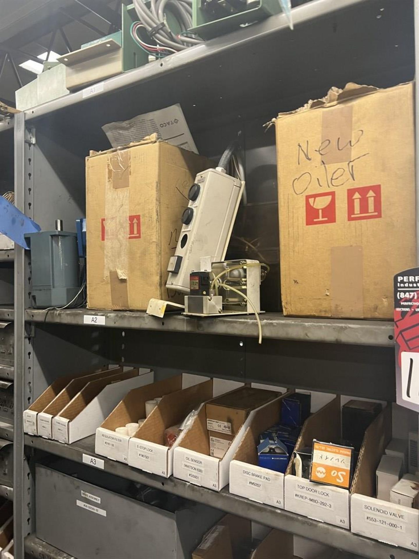 Maintenance Crib- Row of Shop Shelving w/ Contents Including Brakes, Pads, Solenoids, Oil Sensors, - Image 2 of 30