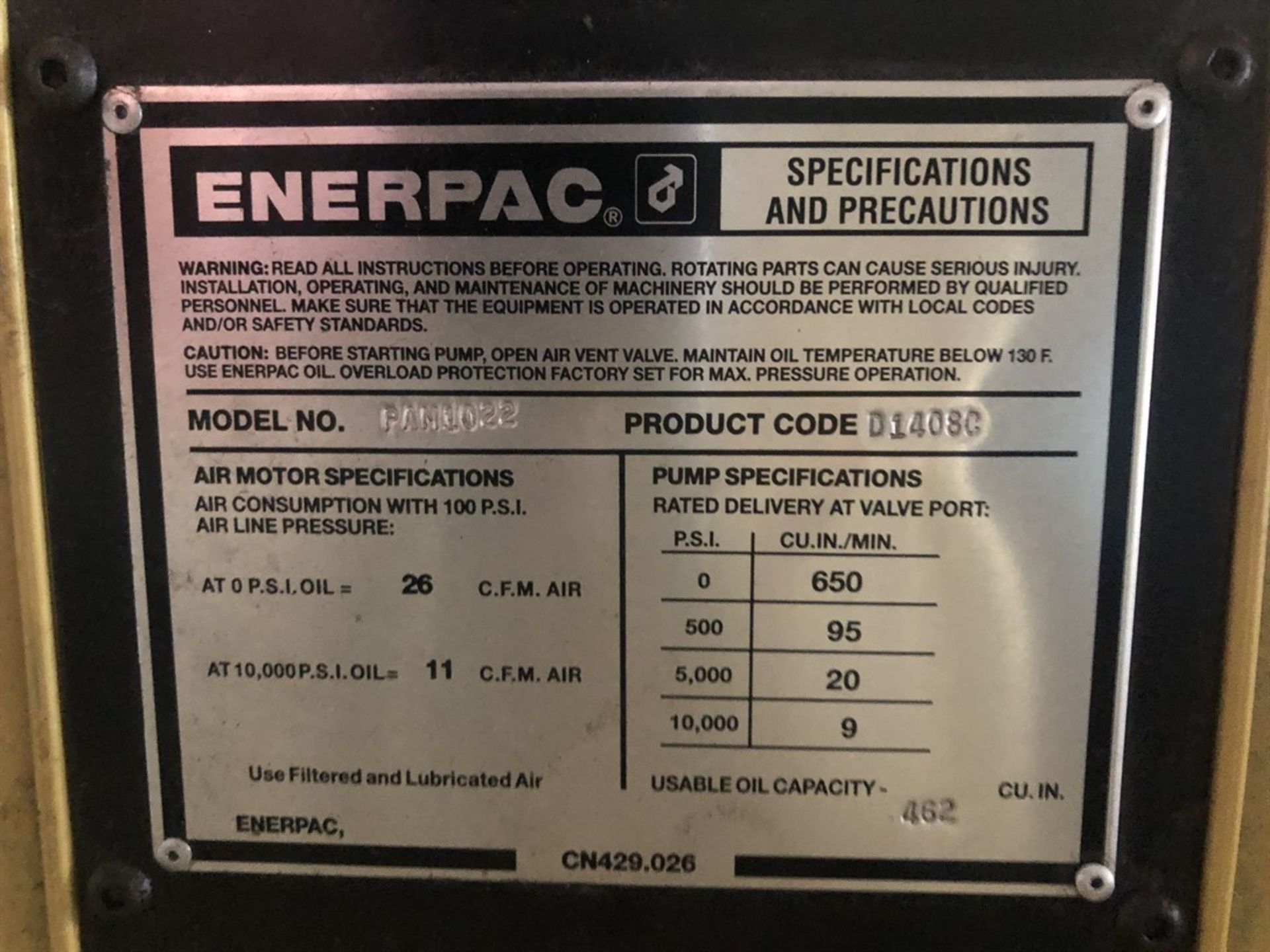 ENERPAC PAM 1022 Hydraulic Pump, w/ 1gal ENERPAC Hydraulic Oil - Image 2 of 2