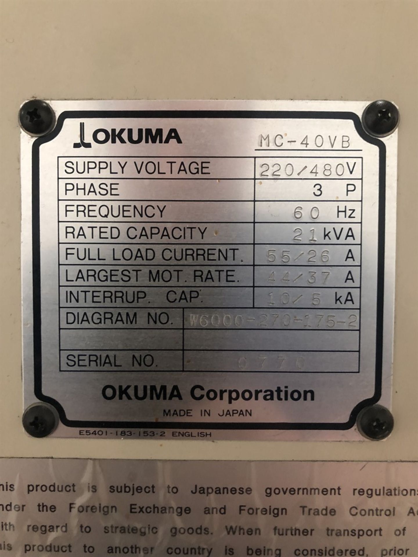 OKUMA MC-40VB Vertical Machining Center, s/n 0770, OSP 7000M Control, 17” x 39” Table, CT50 Spindle, - Image 10 of 10
