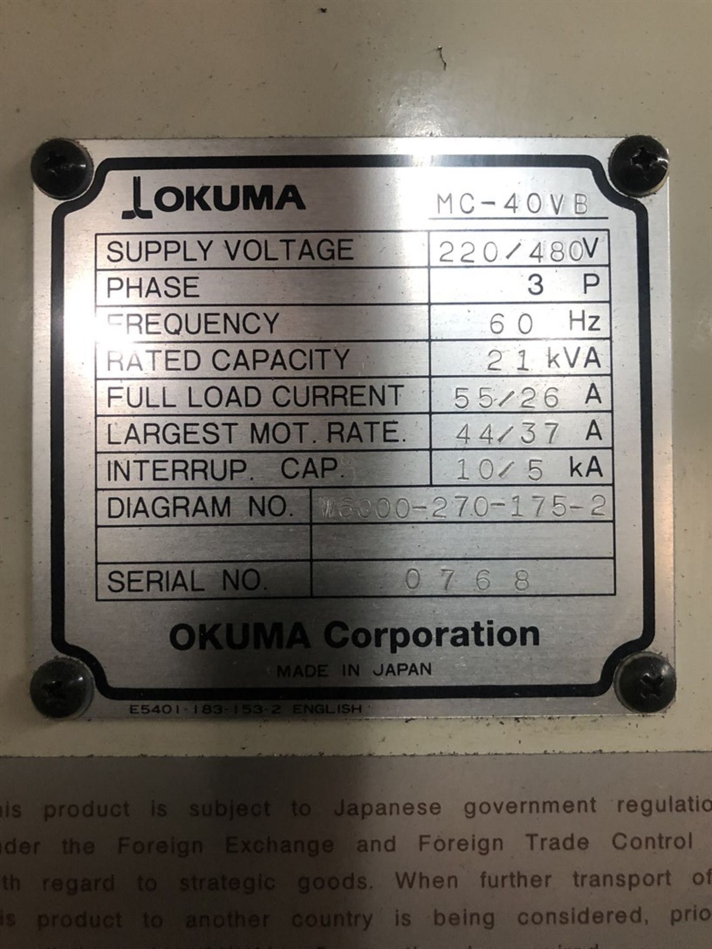 OKUMA MC-40VB Vertical Machining Center, s/n, 0768, OSP 7000M Control, 17” x 39” Table, CT50 - Image 10 of 10