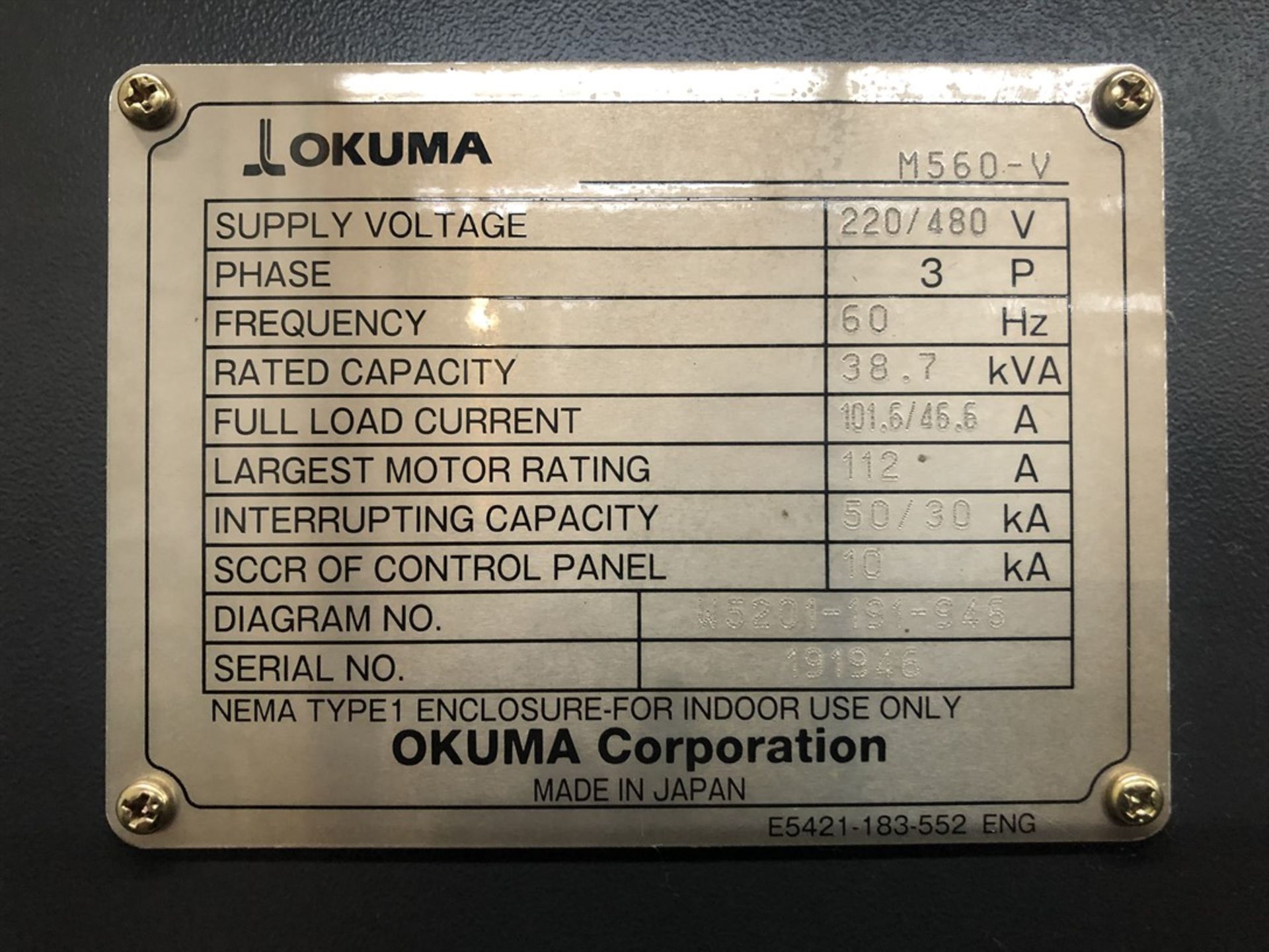 2016 OKUMA GENOS M560-V Vertical Machining Center, s/n 191946, 22” x 51” Table, CT40 Spindle - Image 10 of 11