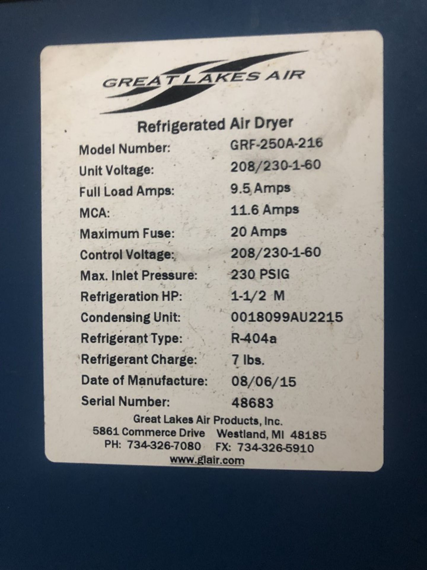 2015 GREAT LAKES GRF-250A-216 Refrigerated Air Dryer, s/n 48683 - Image 2 of 2