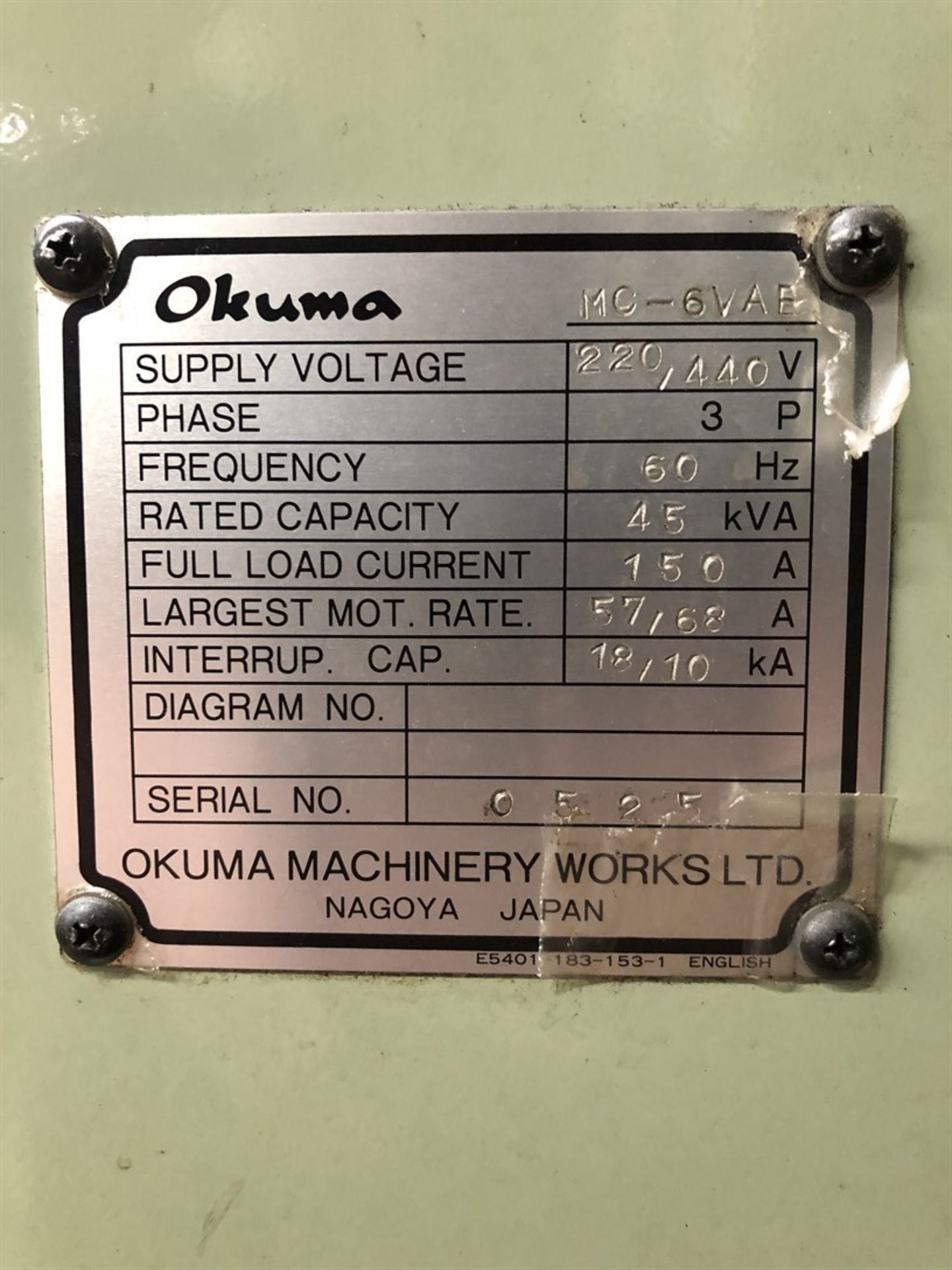 OKUMA MC-6VAE Vertical Machining Center, s/n 0525, OSP5020M Control, 24.5” x 60” Table, CT50 Spindle - Image 9 of 9