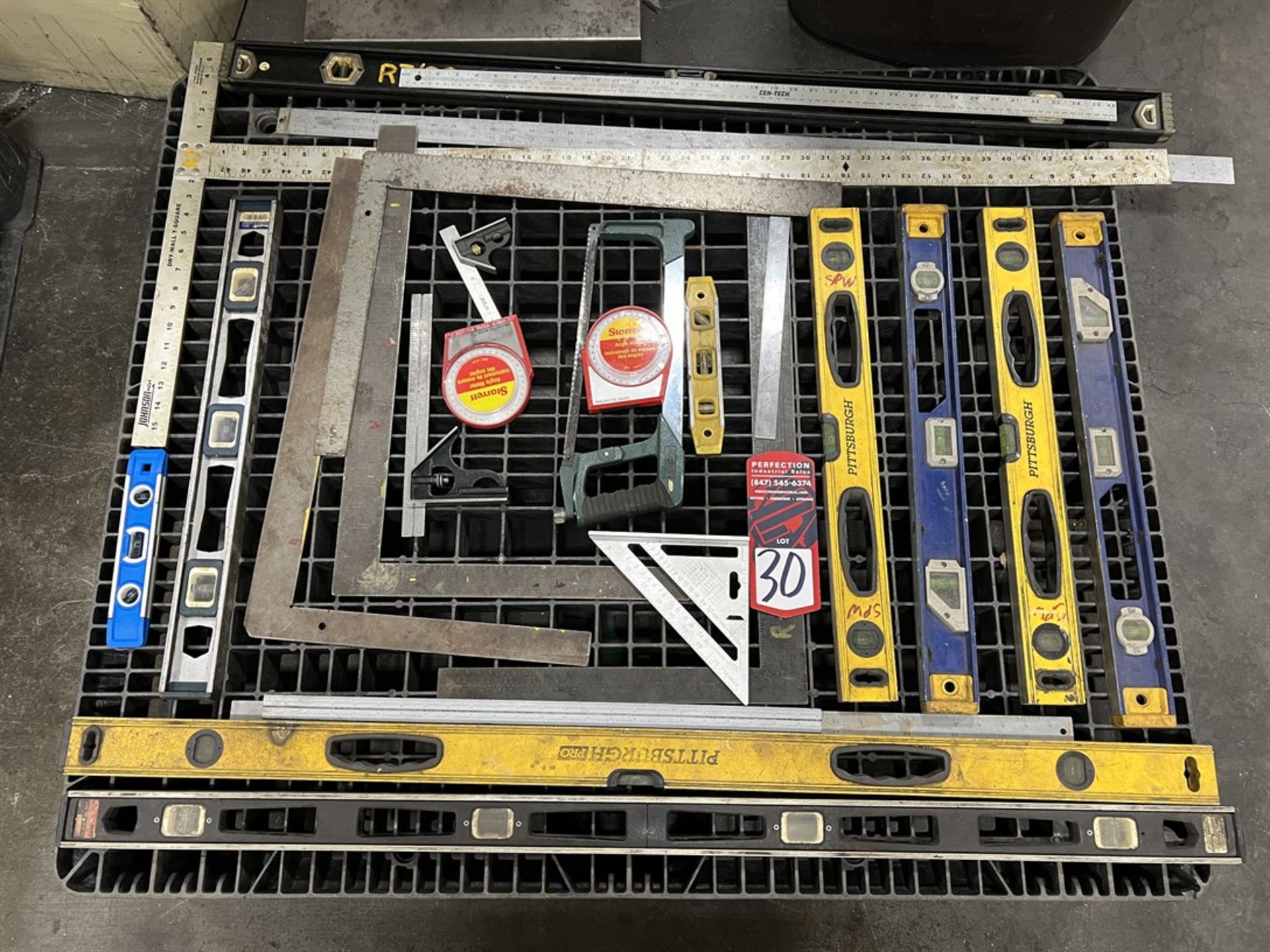 Pallet of Squares, Levels, and Protractors