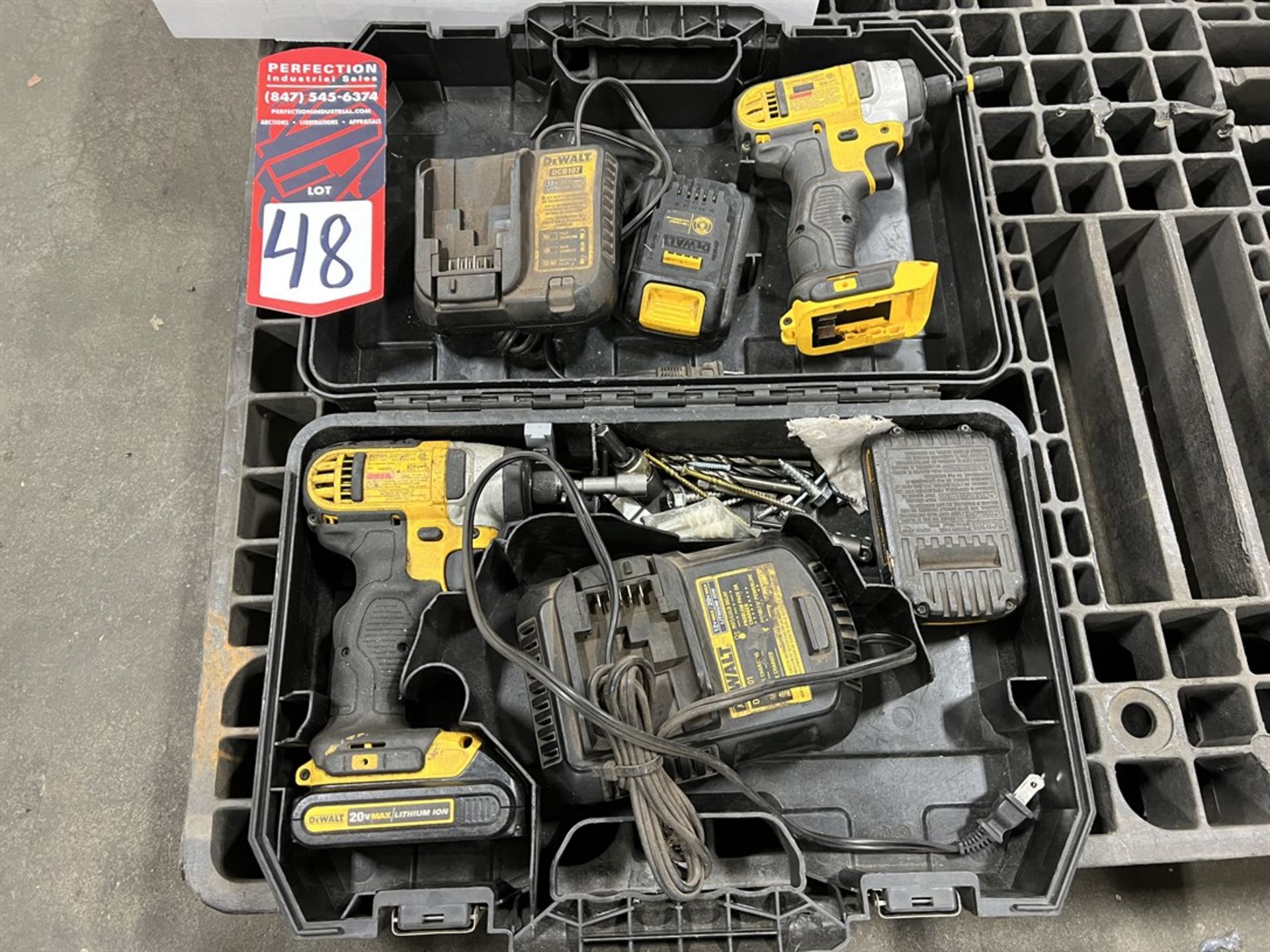 Lot Comprising DEWALT DCF885 1/4" Cordless Impact Drivers w/ Chargers and Batteries