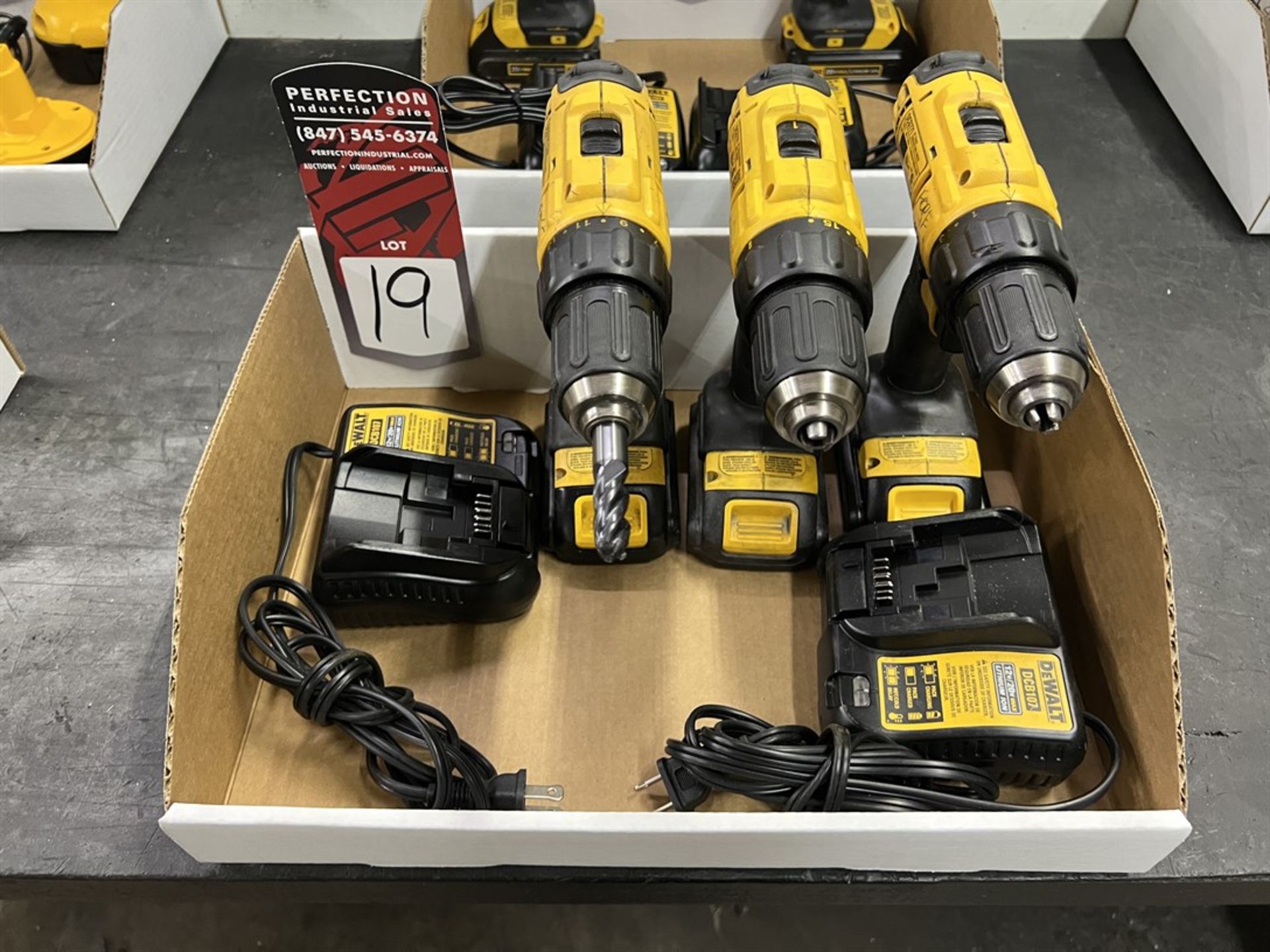 Lot of (3) DEWALT DCD771 1/2" Cordless Drill Drivers w/ Batteries and Charger