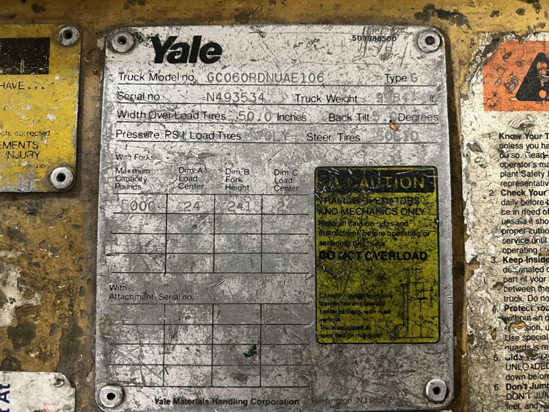 YALE GC060 LP Forklift, s/n N493534, 5000 Lb. Capacity, 3-Stage Mast - Image 9 of 10