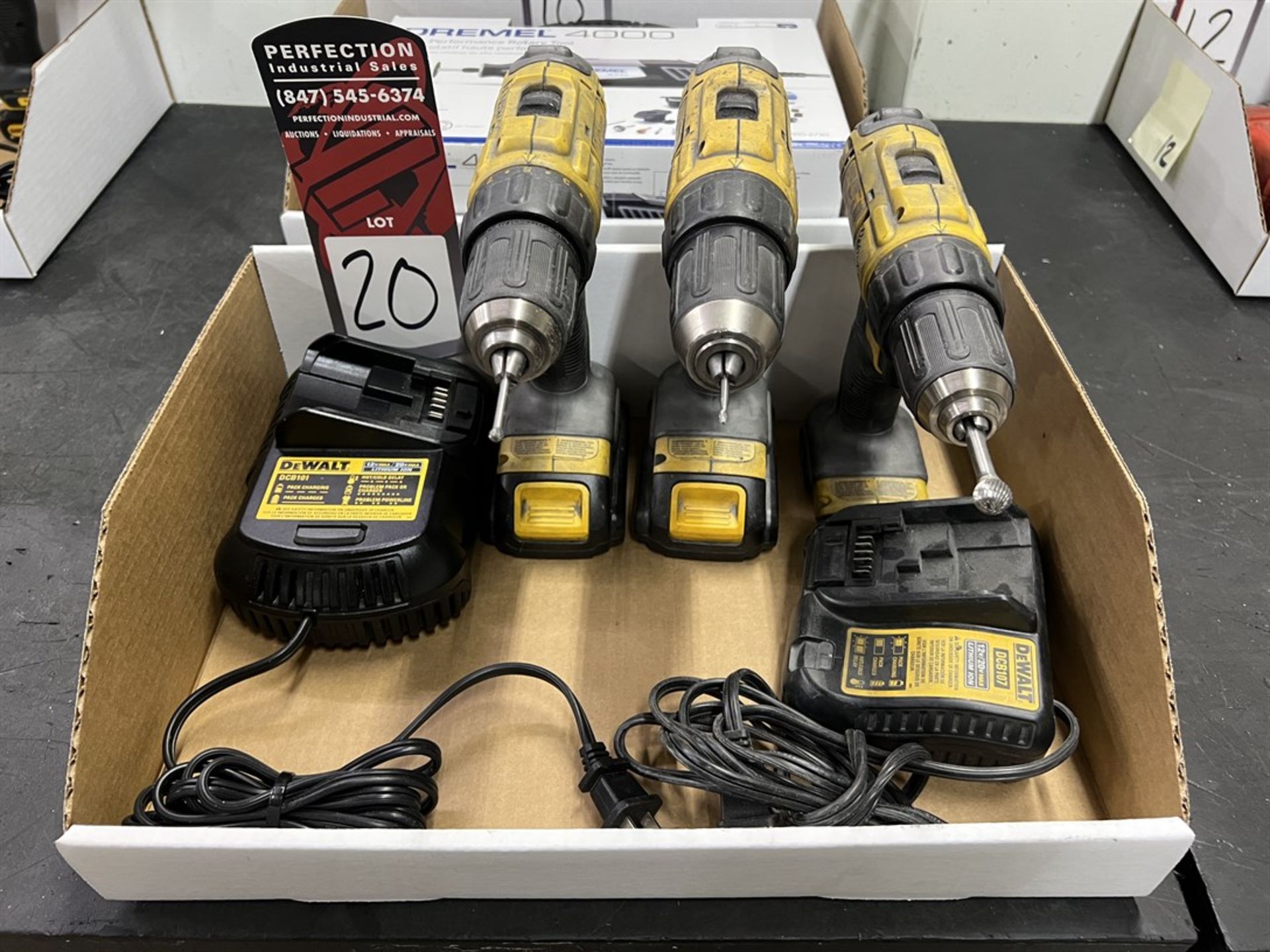 Lot of (3) DEWALT DCD771 1/2" Cordless Drill Drivers w/ Batteries and Charger