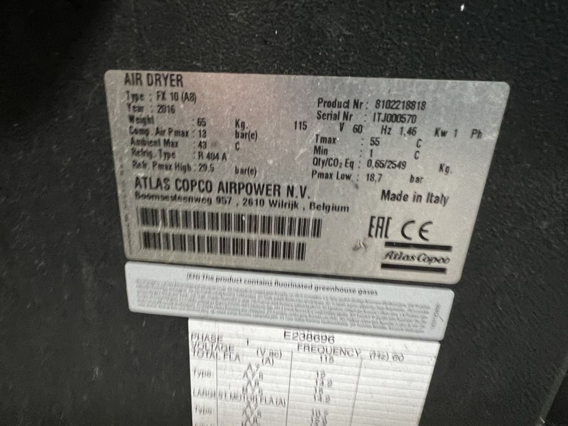 2016 ATLAS COPCO FX10 Refrigerated Air Dryer, s/n ITJ000570 - Image 3 of 3