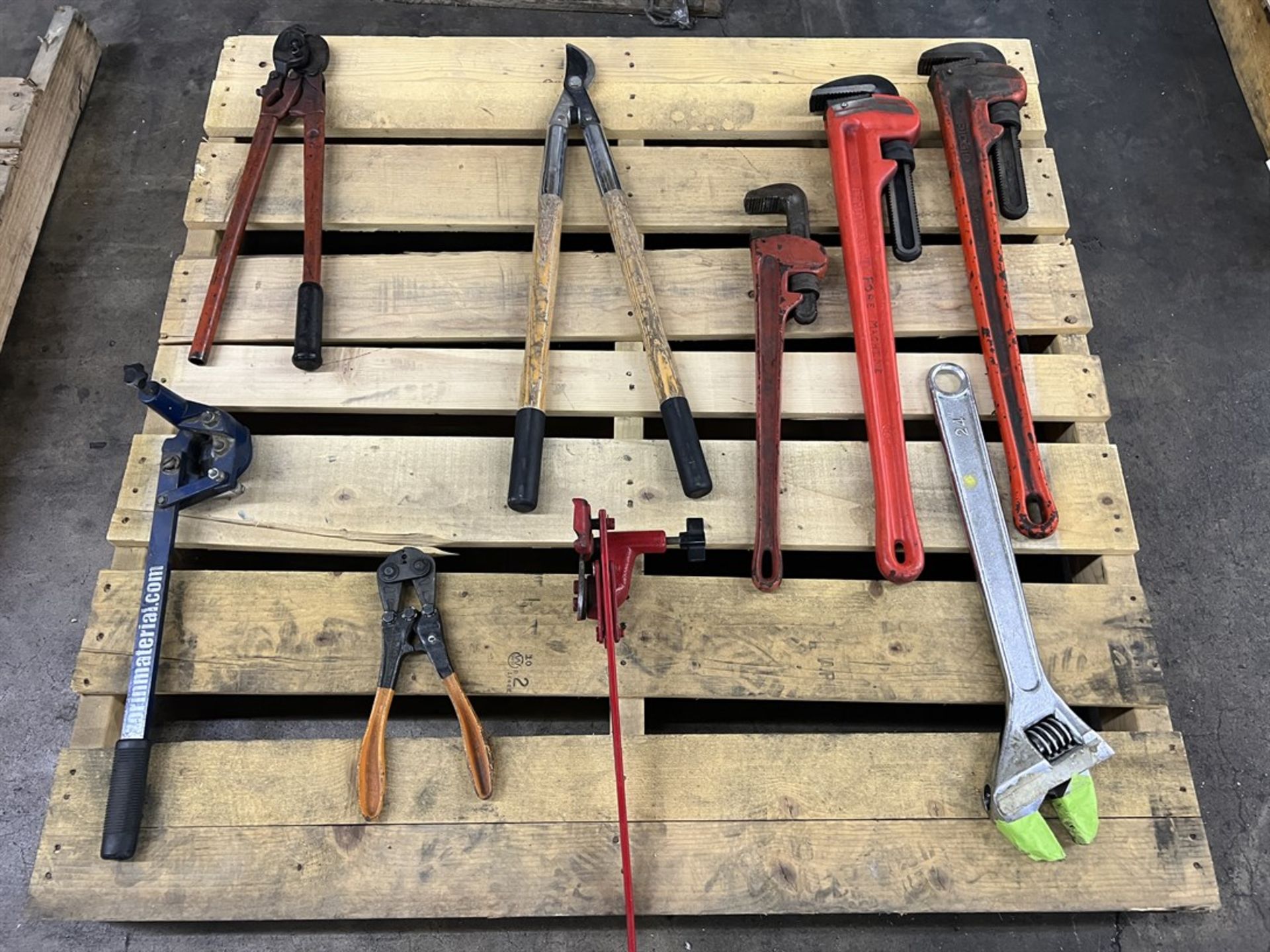 Lot of Assorted Pipe Wrenches, Crimpers, Bolt Cutters, and Barrel Deheader