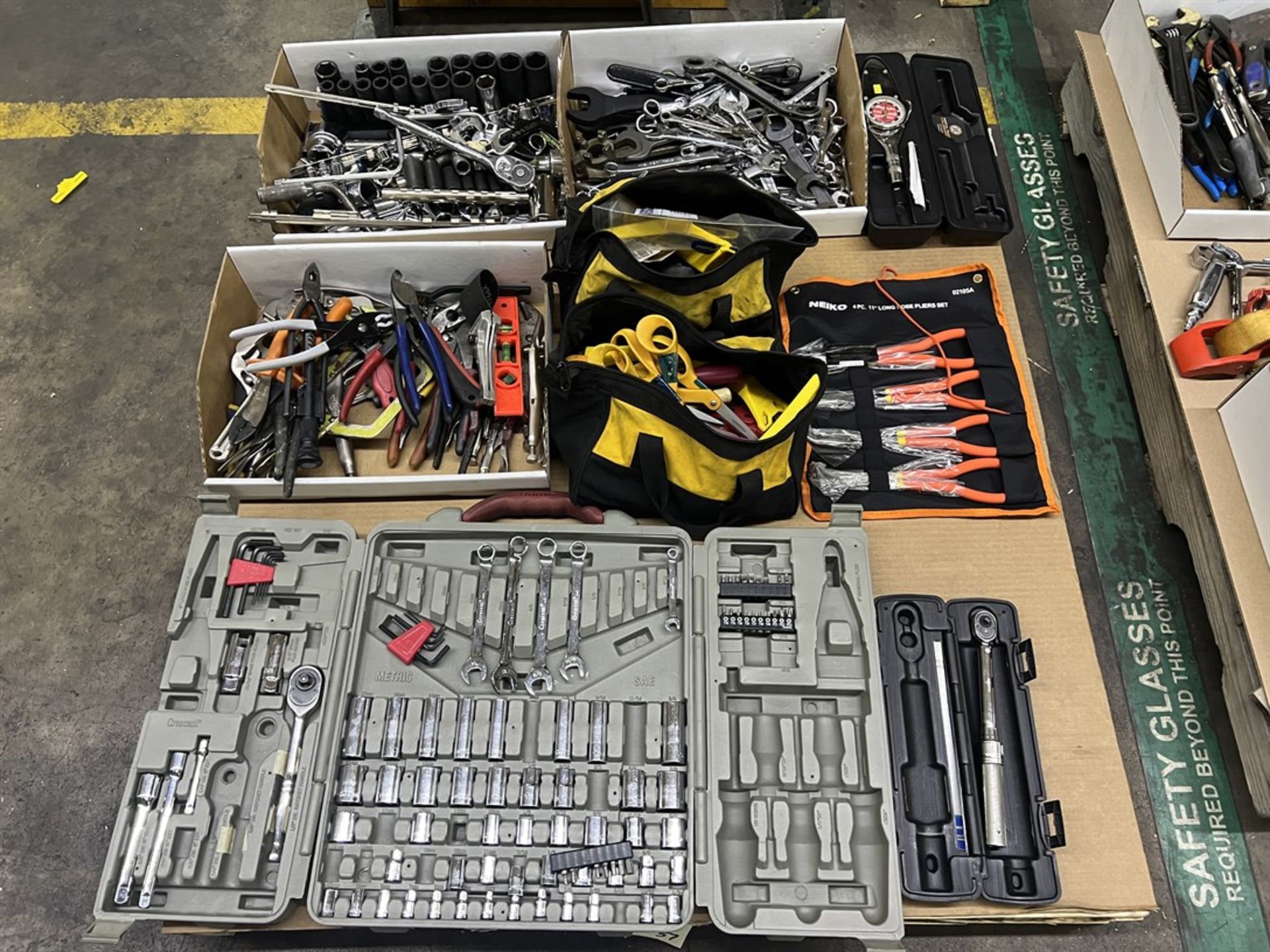 Lot of Assorted Sockets, Ratchets, Pliers, and Torque Wrenches