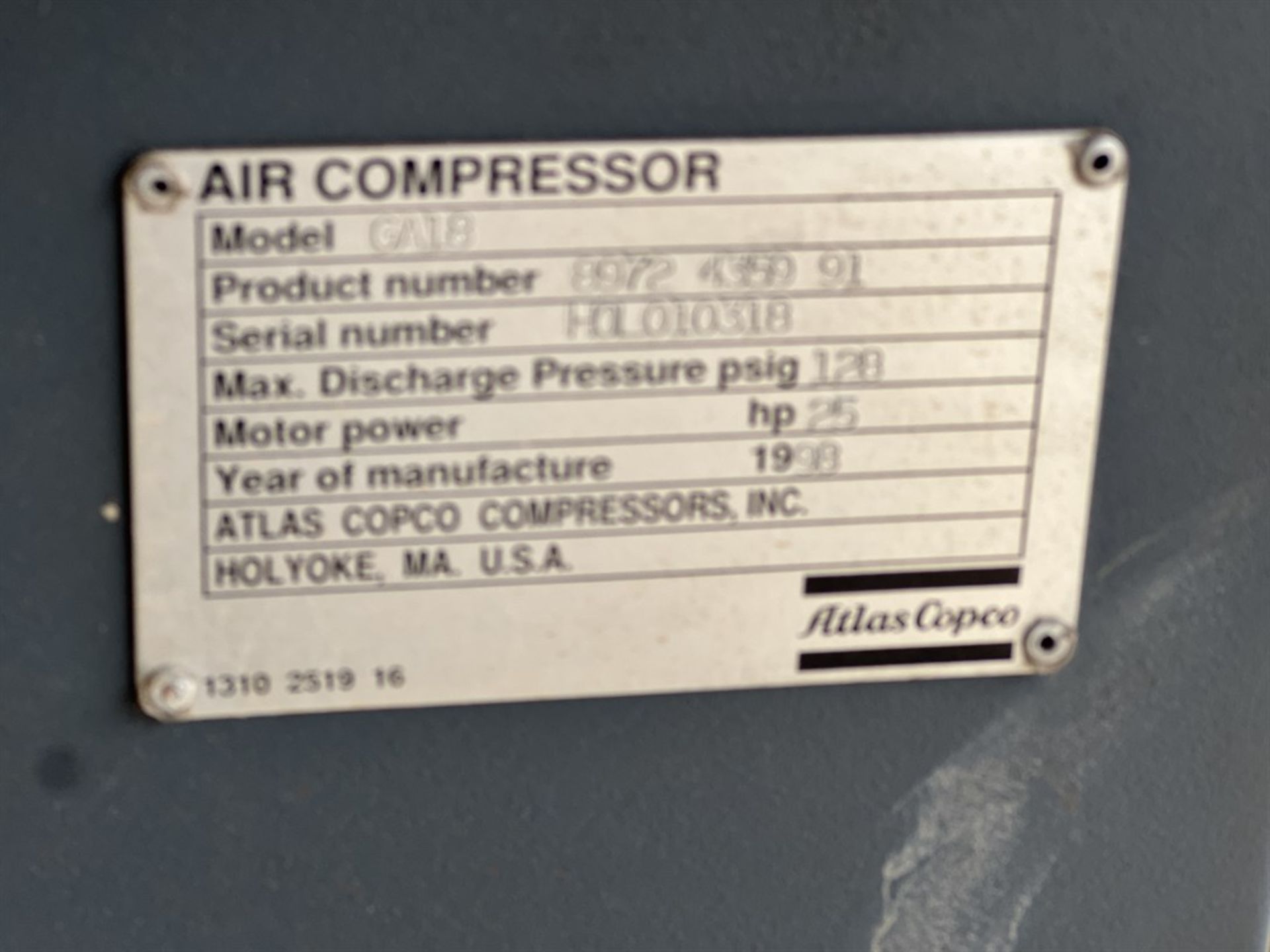 ATLAS COPCO GA18 Rotary Screw Air Compressor, s/n HCL010318, 25 HP - Image 3 of 3