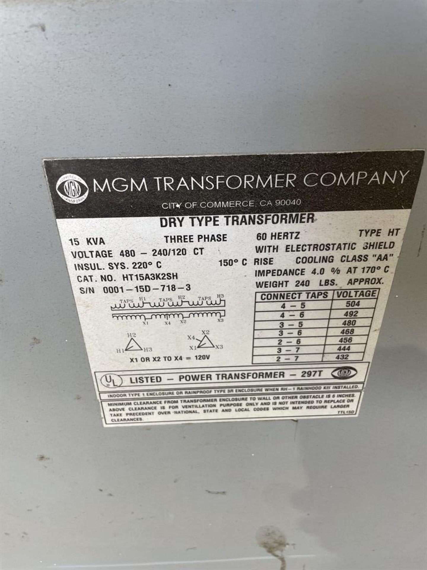 Lot of (1) HEVI-DUTY 30 KVA Transformer, (1) MGM Transformer Company 15 KVA Transformer - Image 3 of 3