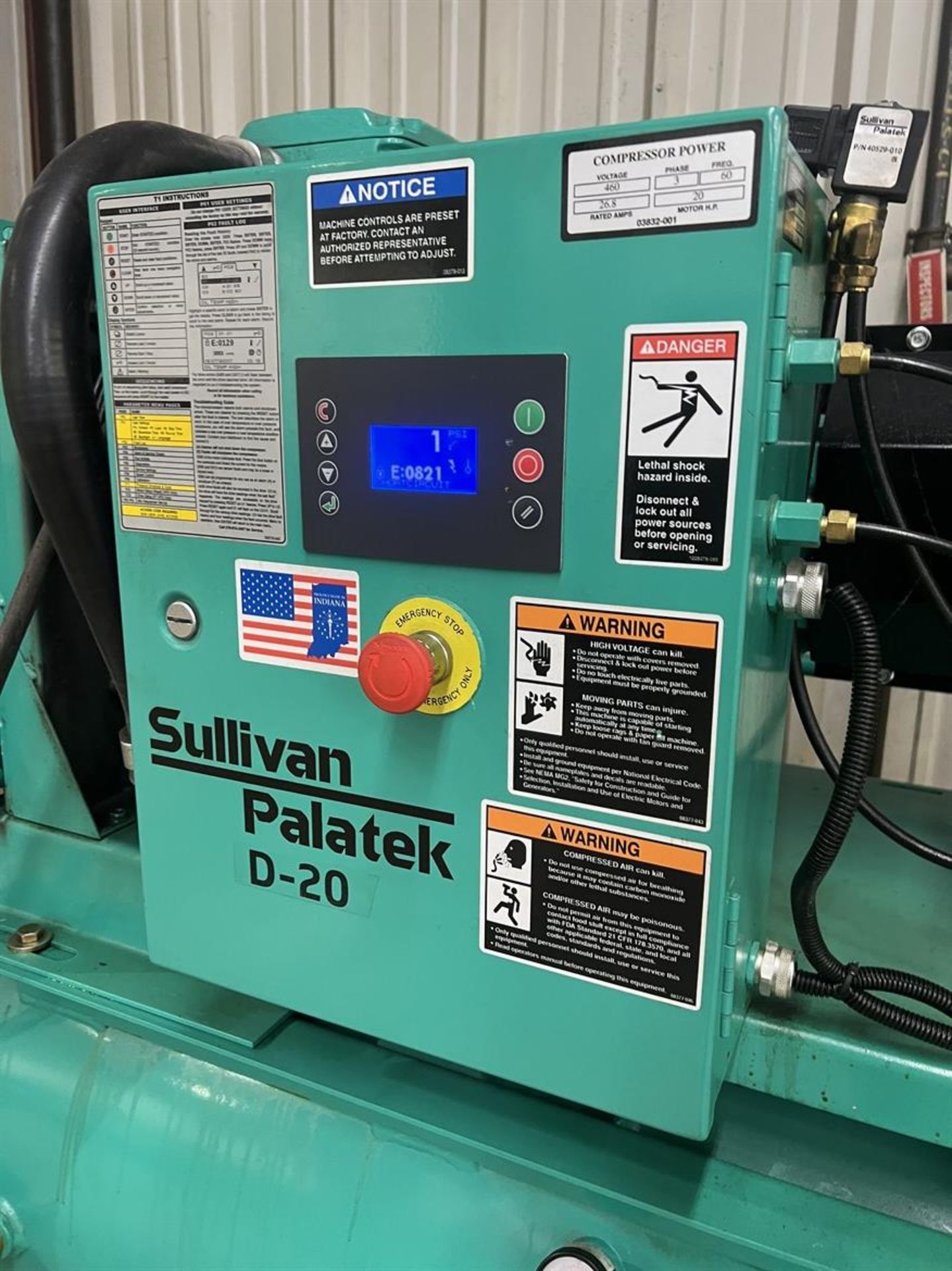 SULLIVAN PALATEK 20DTW Air Compressor, s/n 1901170002, 125 Max PSIG, 20 HP, Mounted on Approx. 100 - Image 4 of 8