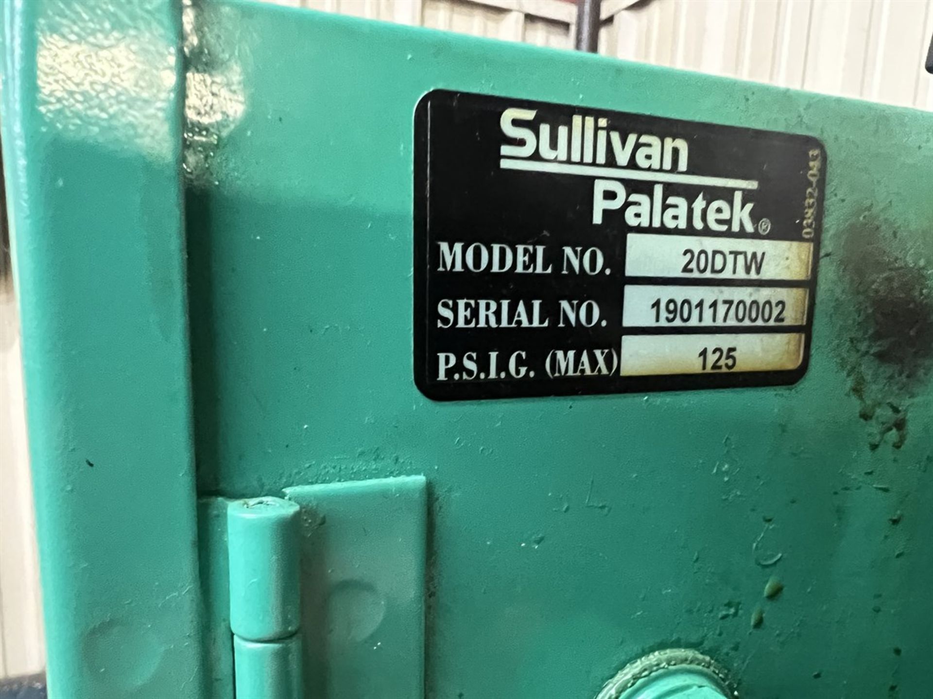 SULLIVAN PALATEK 20DTW Air Compressor, s/n 1901170002, 125 Max PSIG, 20 HP, Mounted on Approx. 100 - Image 8 of 8