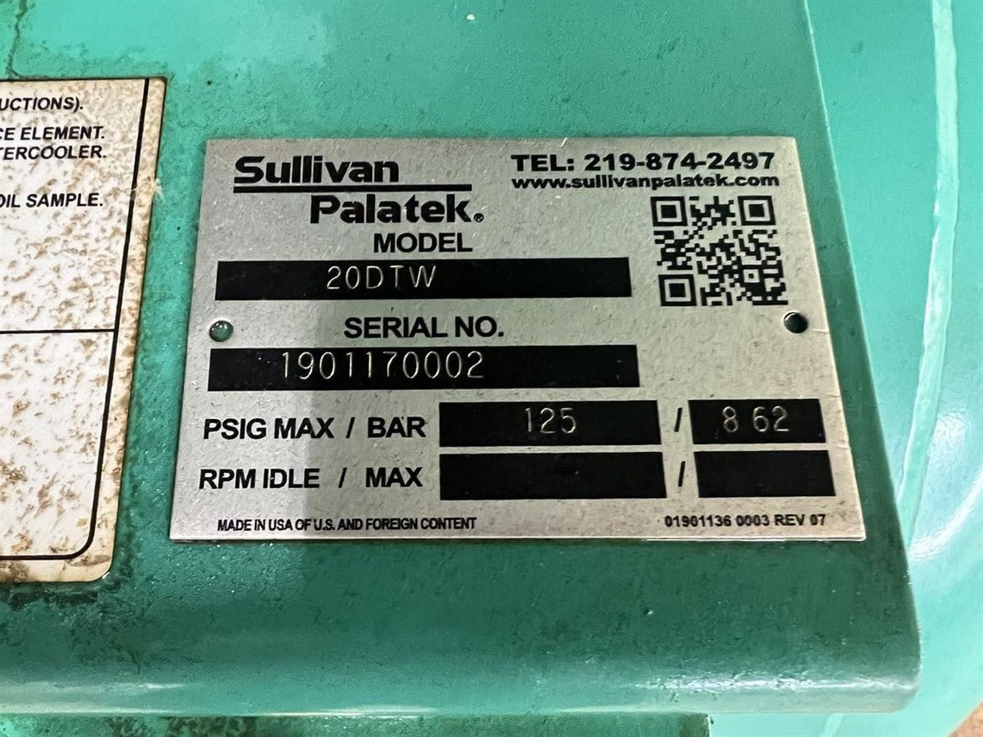 SULLIVAN PALATEK 20DTW Air Compressor, s/n 1901170002, 125 Max PSIG, 20 HP, Mounted on Approx. 100 - Image 5 of 8