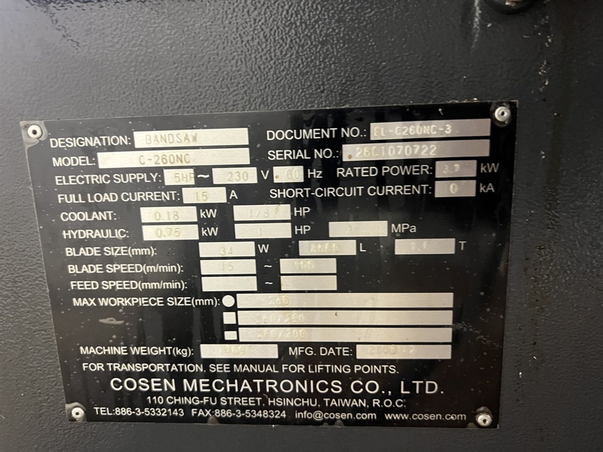2018 COSEN C-260NC Horizontal Bandsaw, s/n 26C1070722, 10.2" Round Capacity, 10.2" x 11.8" Rectangle - Image 9 of 9