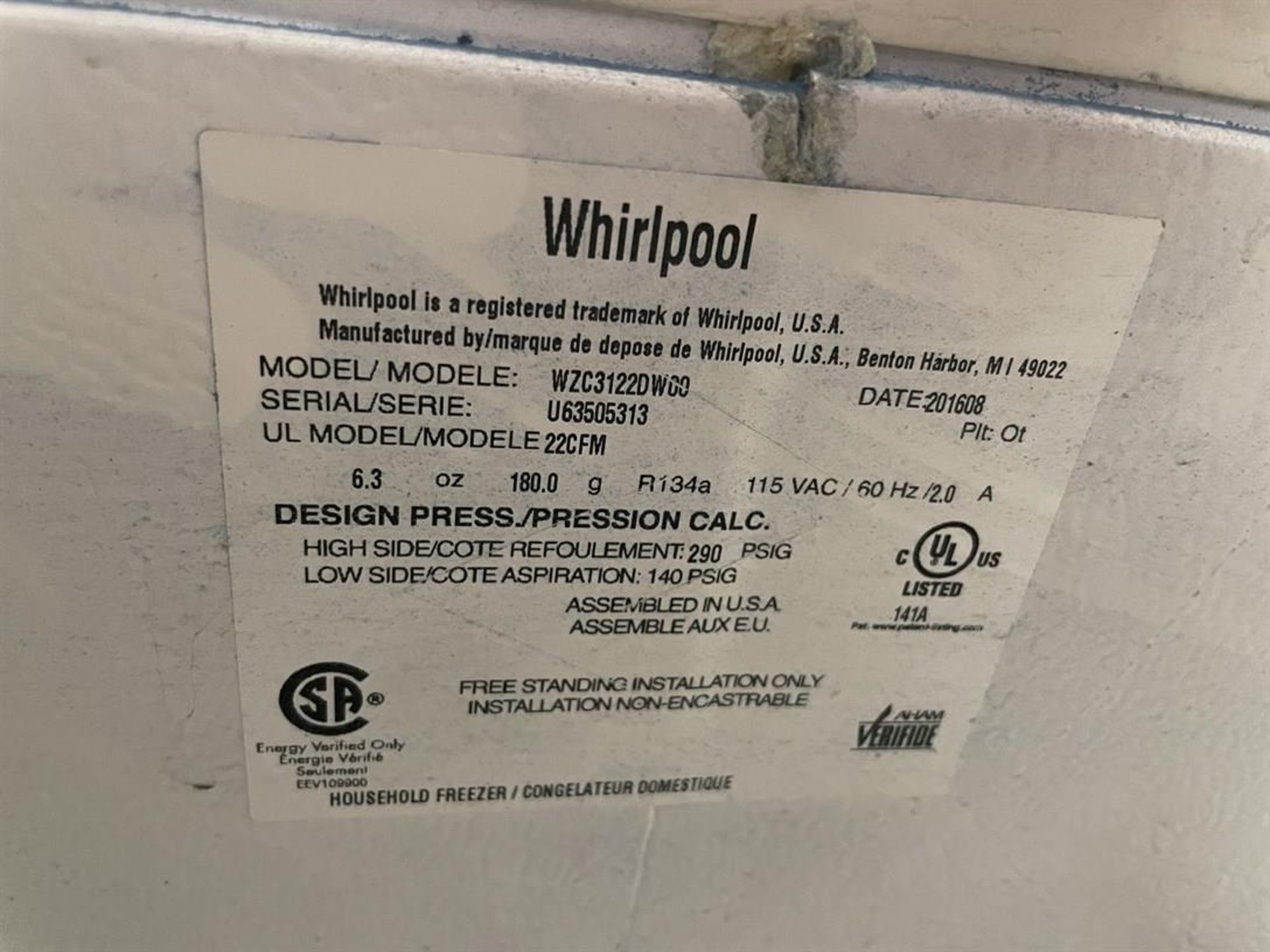 WHIRLPOOL WZC3122DW00 Freezer - Image 3 of 3