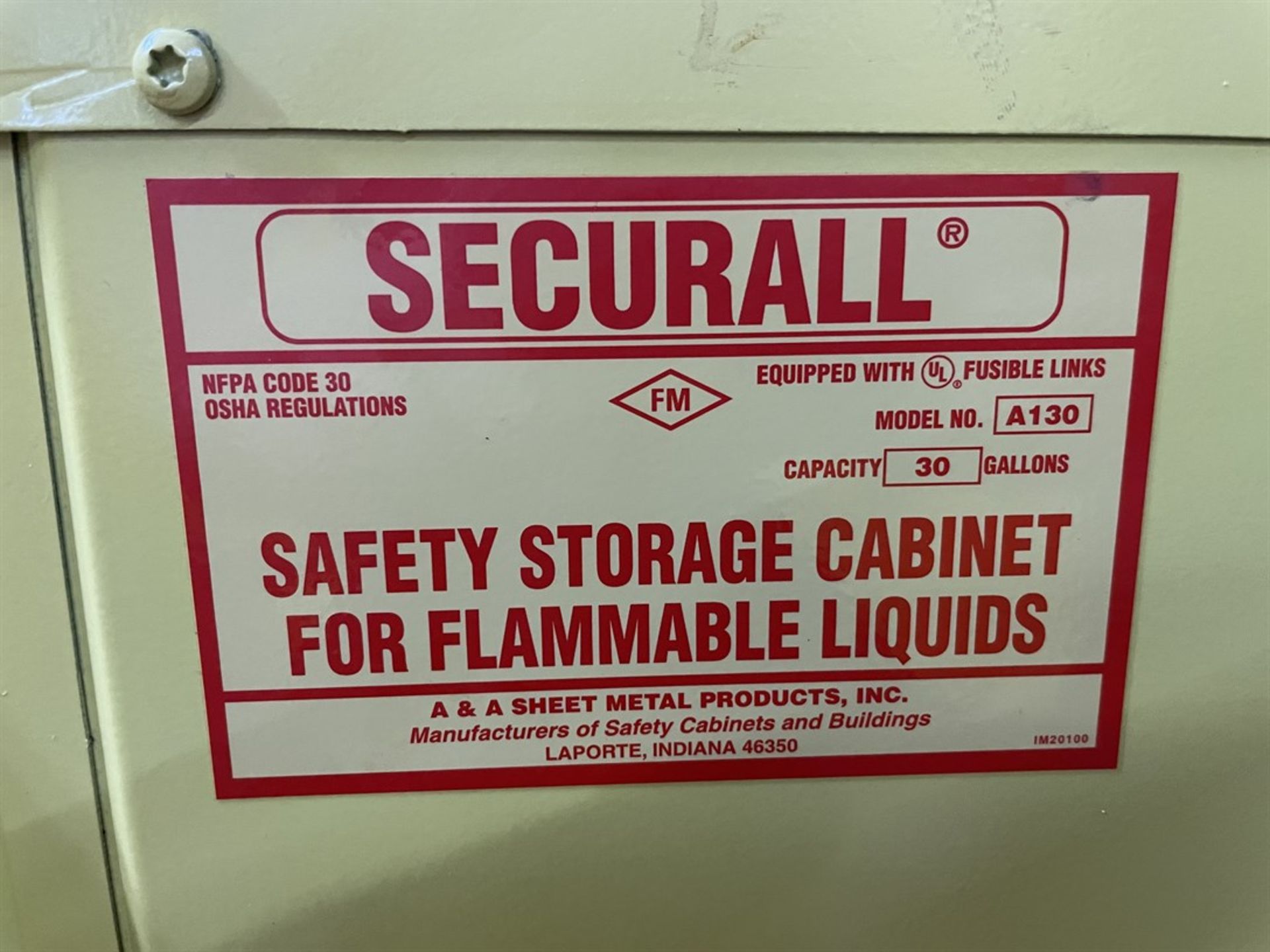 SECURALL A130 30 Gallon Capacity Flammable Cabinet - Image 2 of 2