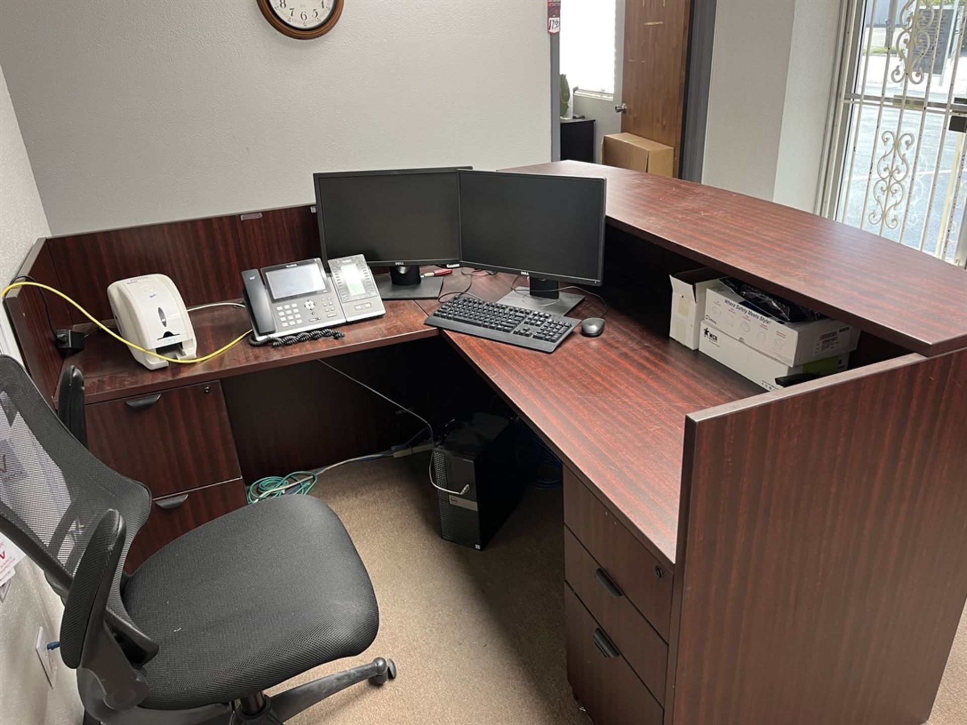 Lot consisting of Reception Desk, Monitors, File Cabinets, and Chair, (PC NOT INCLUDED)