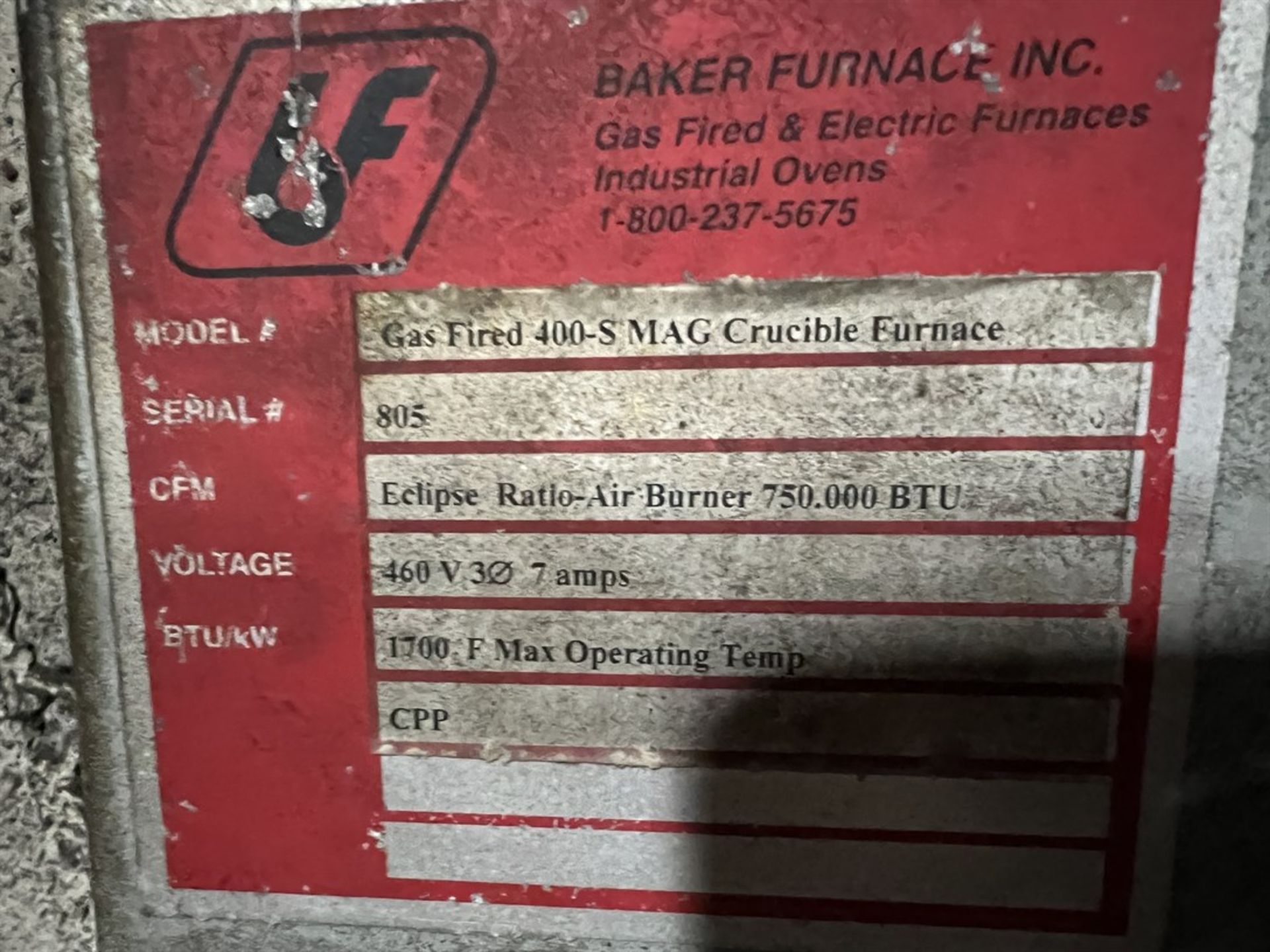 BAKER Gas Fired 400-S MAG Crucible Furnace, s/n 805, 750.000 BTU, 1700 Degrees F Max Operating Temp - Image 7 of 7