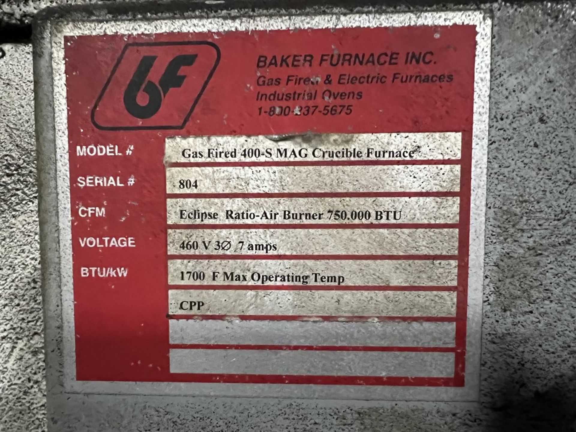 BAKER Gas Fired 400-S MAG Crucible Furnace, s/n 804, 750.000 BTU, 1700 Degrees F Max Operating Temp - Image 8 of 8