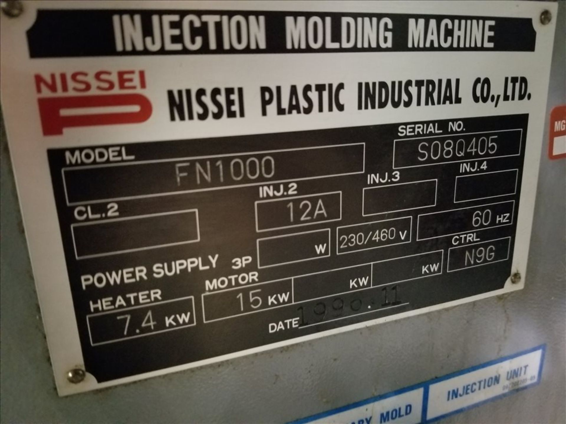 89 Ton NISSEI FN 1000 Injection Molder, s/n S080Q405, w/ N9G Control, 4.3 oz. Shot Size, 21.5" x - Image 8 of 8