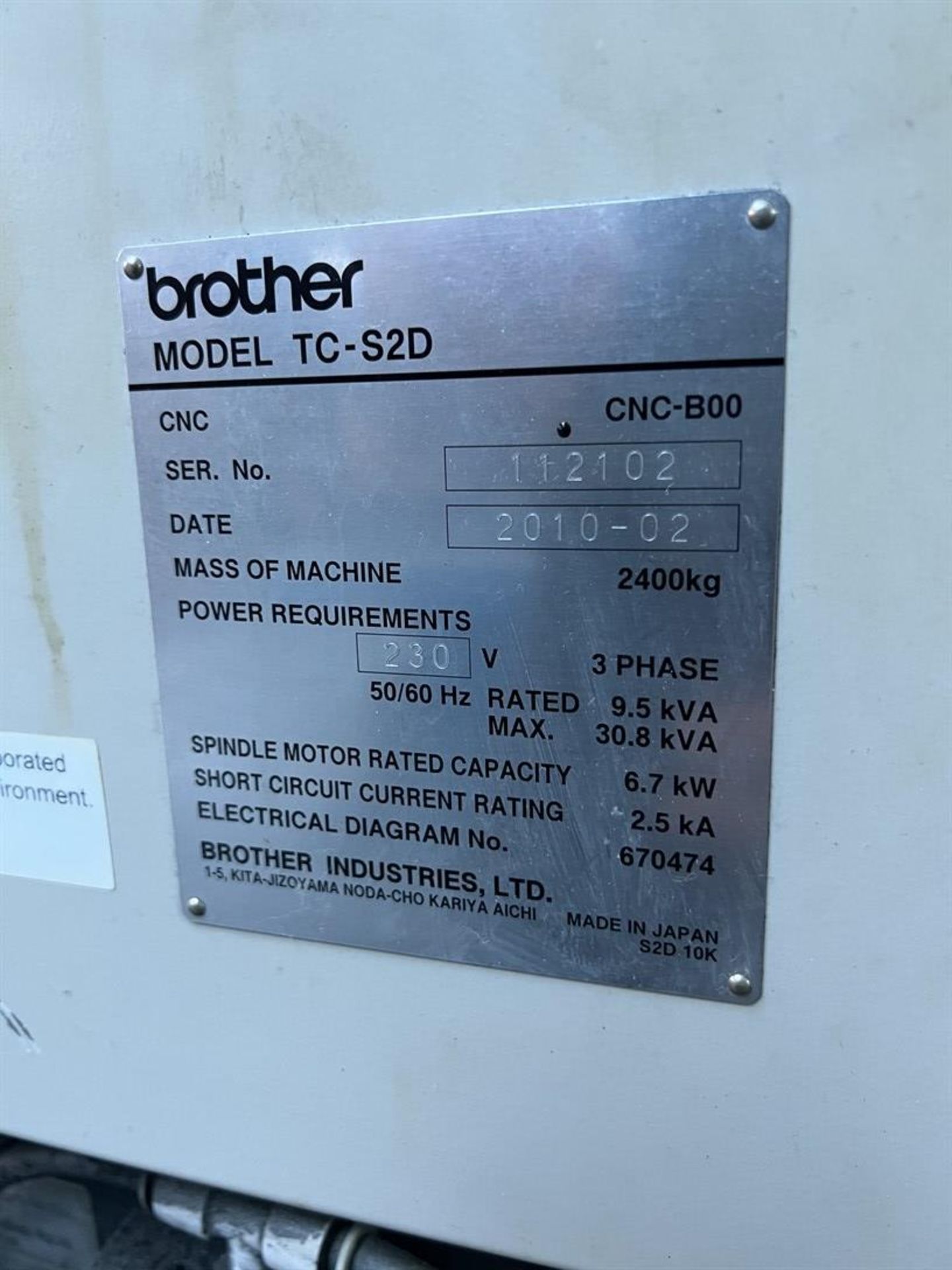 2010 BROTHER TCS2D 4-Axis Tapping Center, s/n 112102, 23” x 15.75” Table, X-19.7", Y-15.7', Z-11.8", - Image 8 of 8