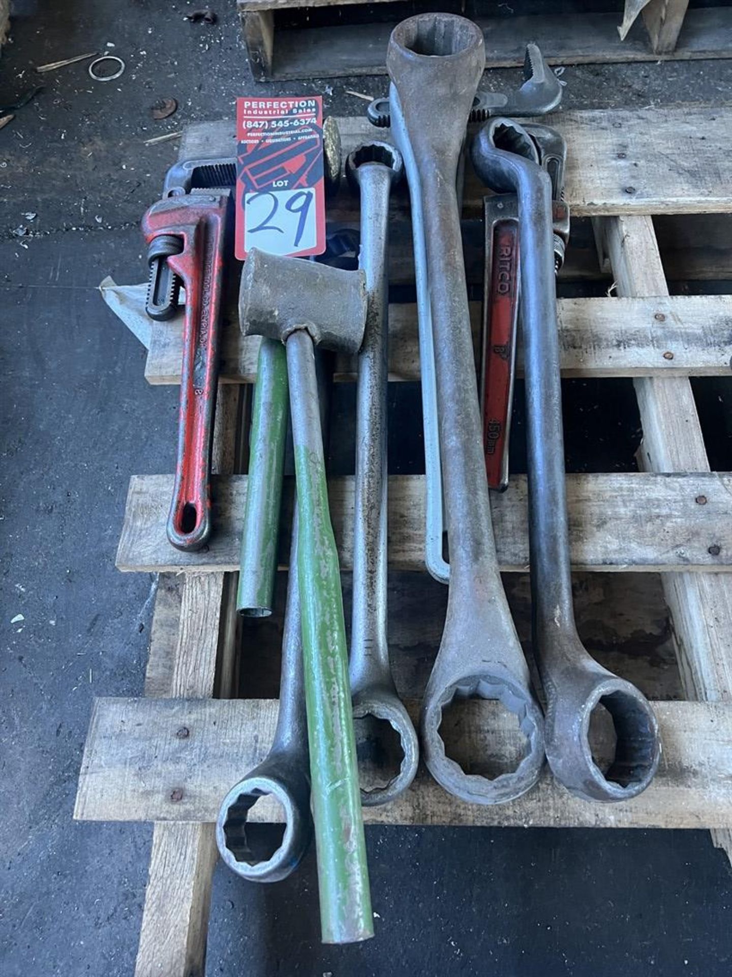 Lot of Assorted Wrenches, Pipe Wrenches and Brass Hammers