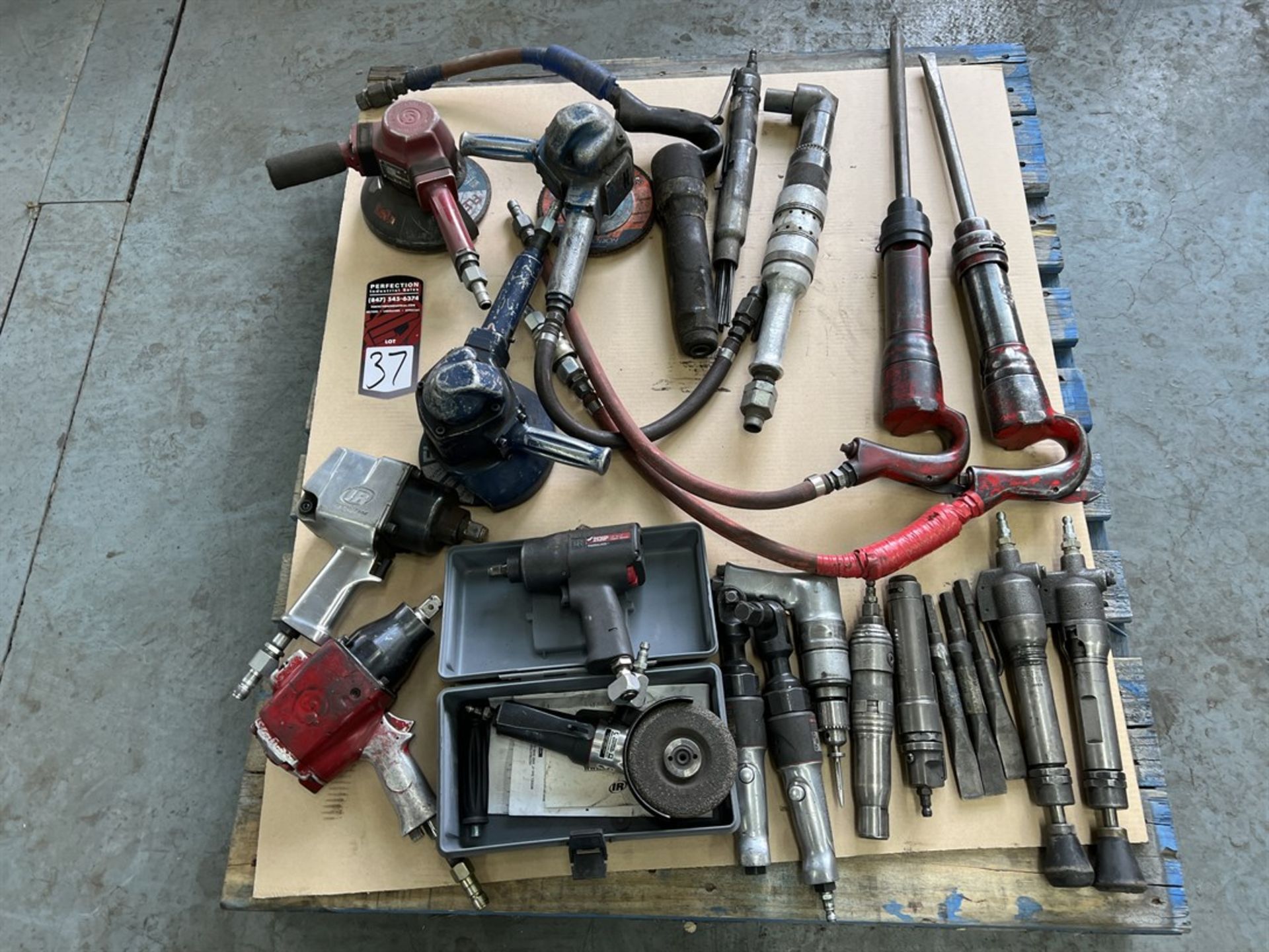 Pallet of Assorted Air Tools Including Impact Wrenches, Angle Grinders, Ratchets and Air Chisels (