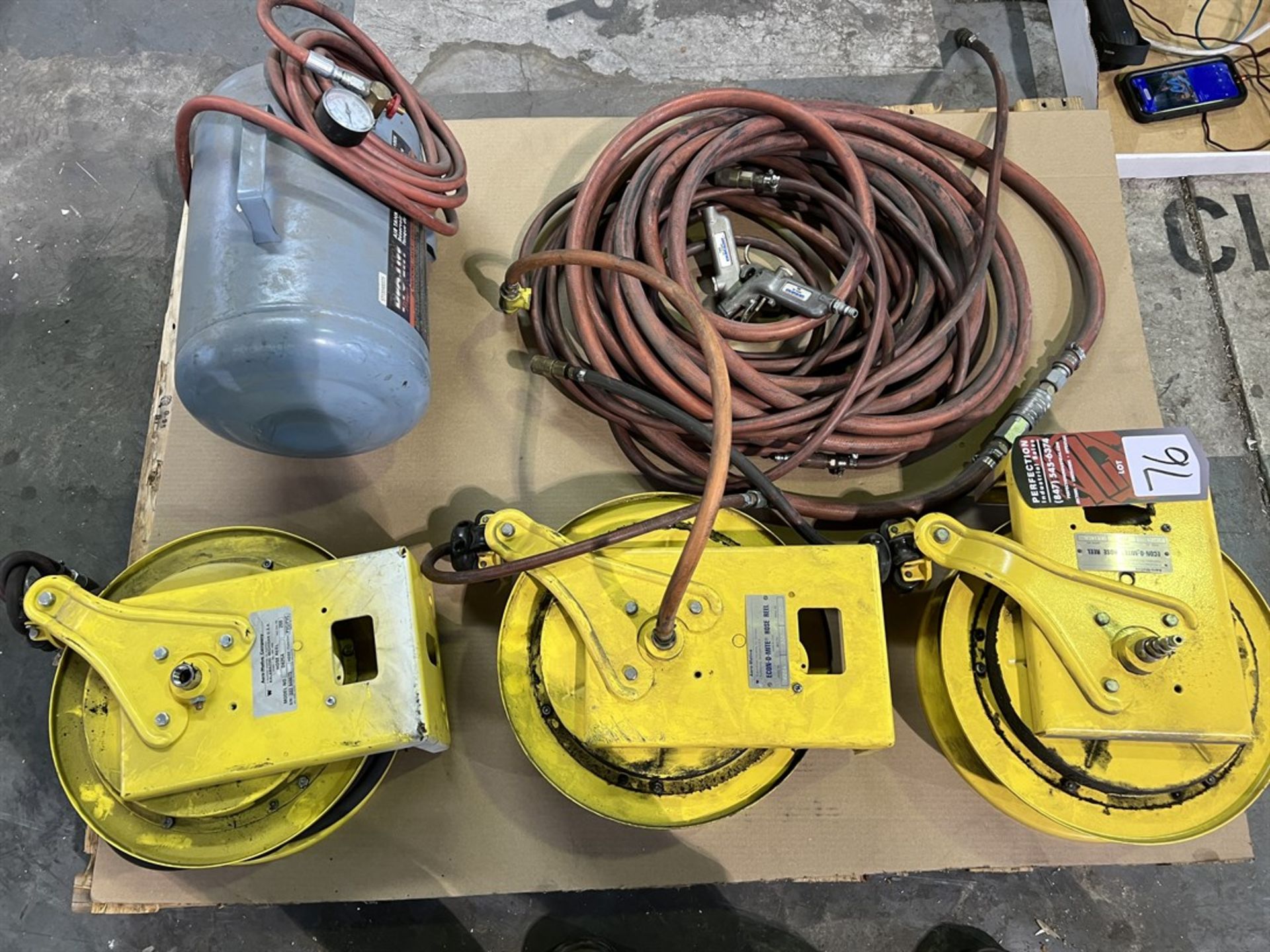 Pallet of (3) AERO MOTIVE D620A Hose Reels, PROLIFT 5 Gal Air Tank and Air Hose (Building 44)