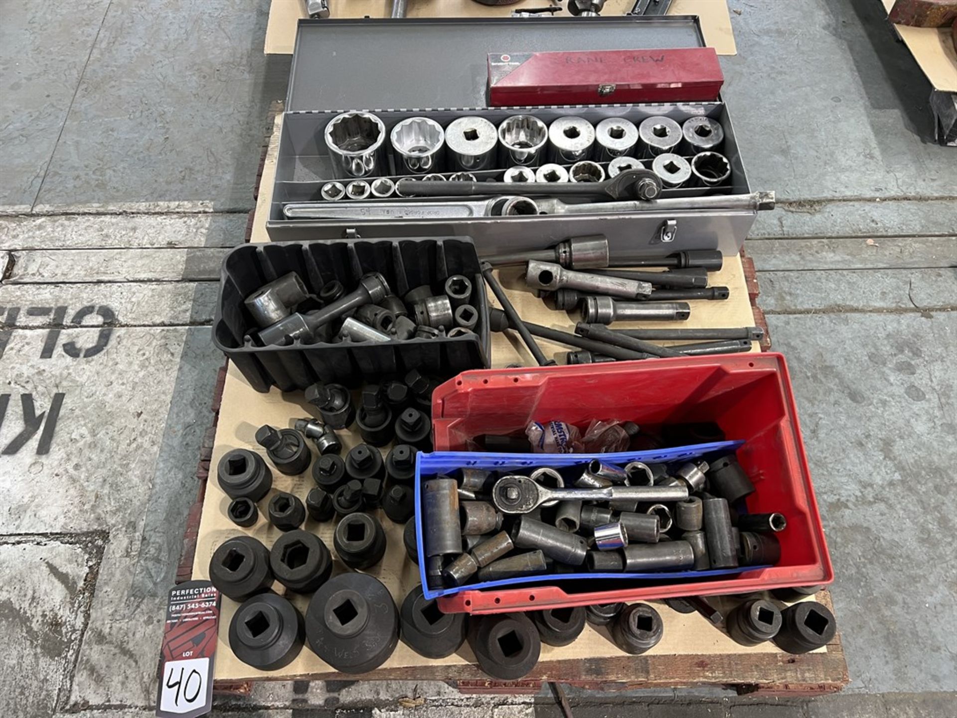 Pallet Comprising Assorted Sockets and Ratchets, 1/2", 3/4", and 1" Drive (Building 44)