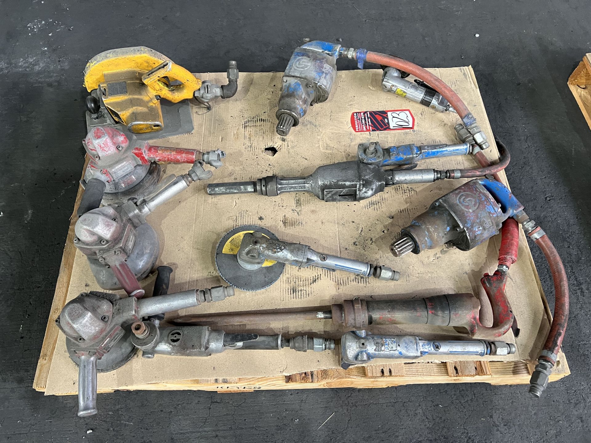 Pallet of Assorted Air Tools Including Angle Grinders, Impacts, Chisel and Saw