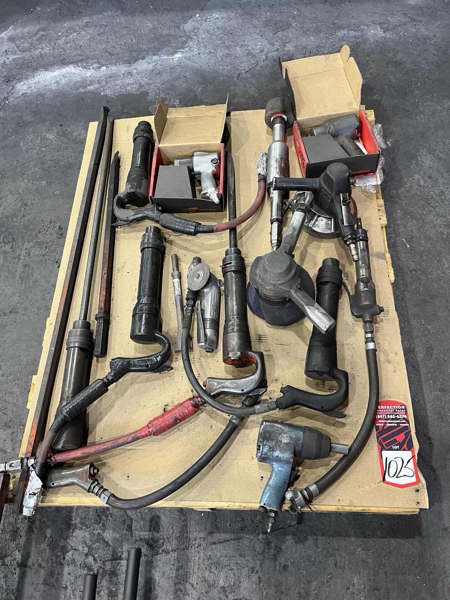 Pallet of Assorted Air Tools Including Angle Grinders, Impacts, Chisel and Saw