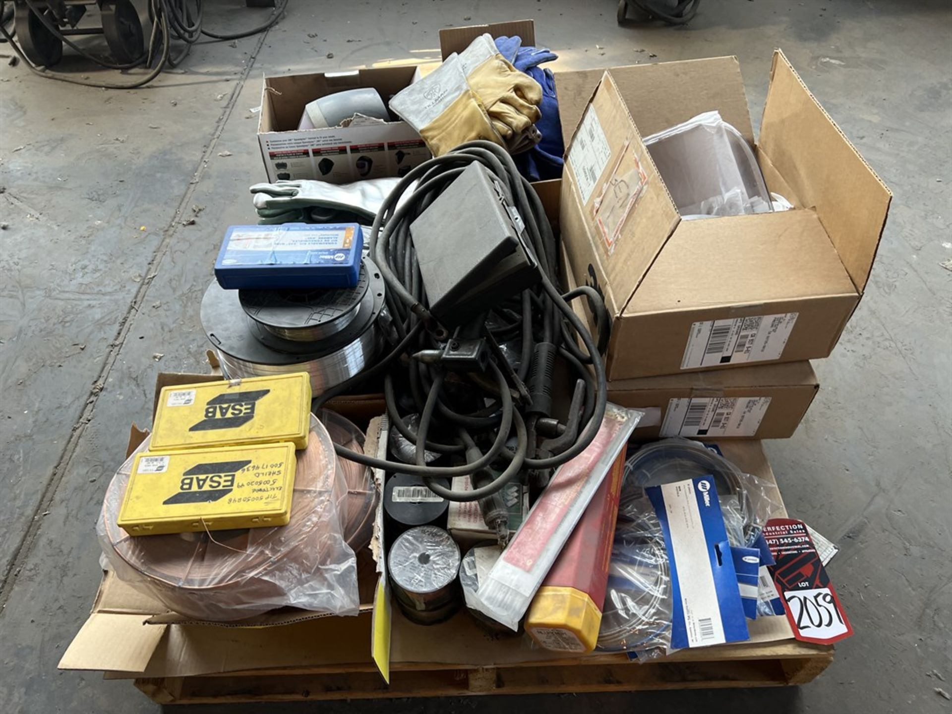 Lot of Welding Wire, Welding Gloves, Masks, Ground Cables, Gun Cords and Tips