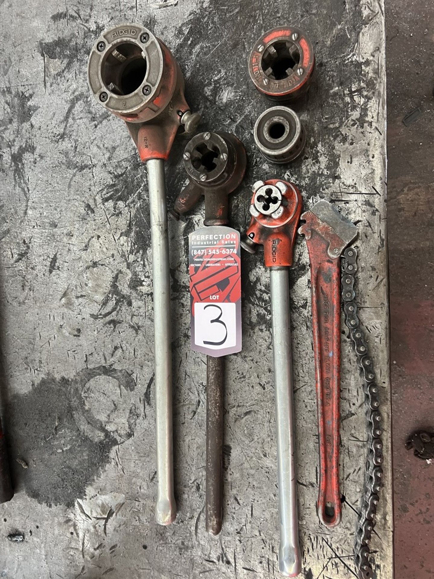 Lot of RIDGID Pipe Threader Dies and Handles w/ Chain Wrench, (Fab Shop) - Image 2 of 2