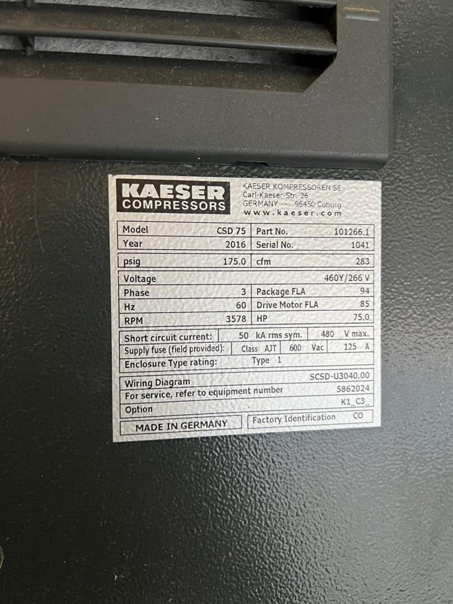 2016 KAESER CSD75 Rotary Screw Air Compressor, s/n 1041, 75 HP, 175 PSIG, 283 CFM, Sigma 2 PLC - Image 4 of 4