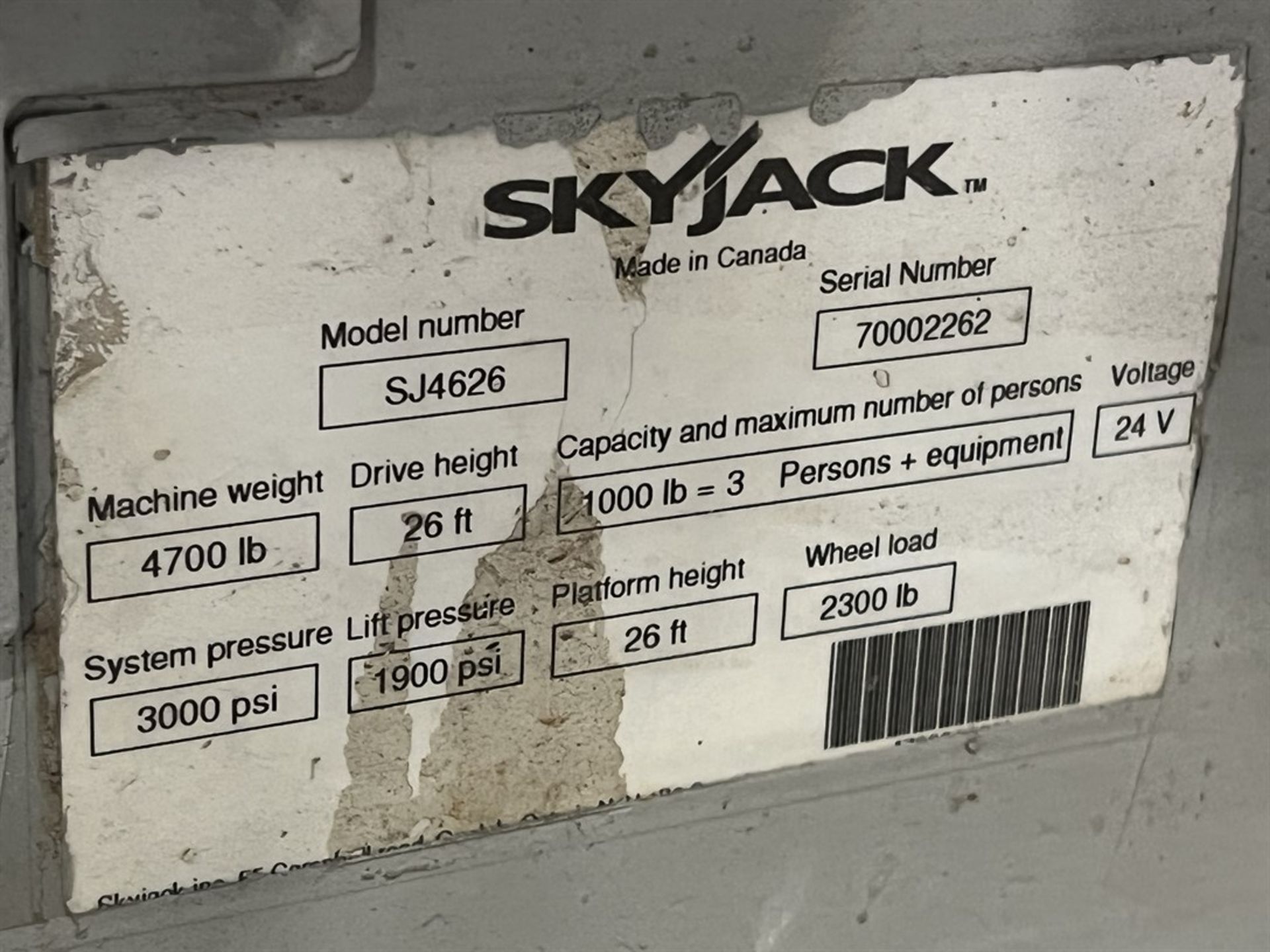 SKYJACK SJIII 4626 Scissor Lift, s/n 70002262, 26' Drive/Platform Height, 1000 LB/3-Person Capacity, - Image 6 of 6