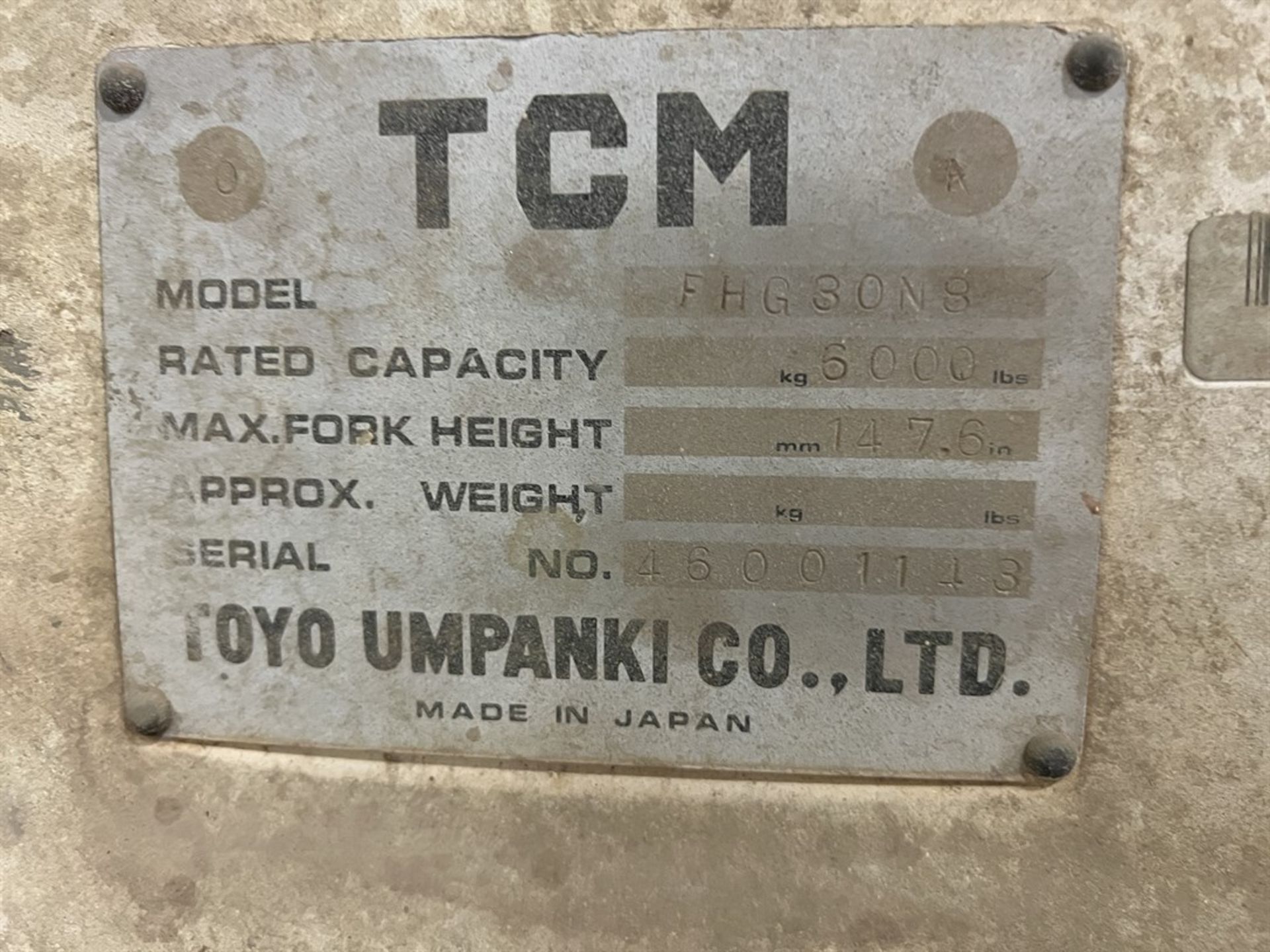 TCM FHG30N8 LP Forklift, s/n 46001143, 6000 LB Capacity, 2-Stage Mast, 5’ Fork Length - Image 9 of 9