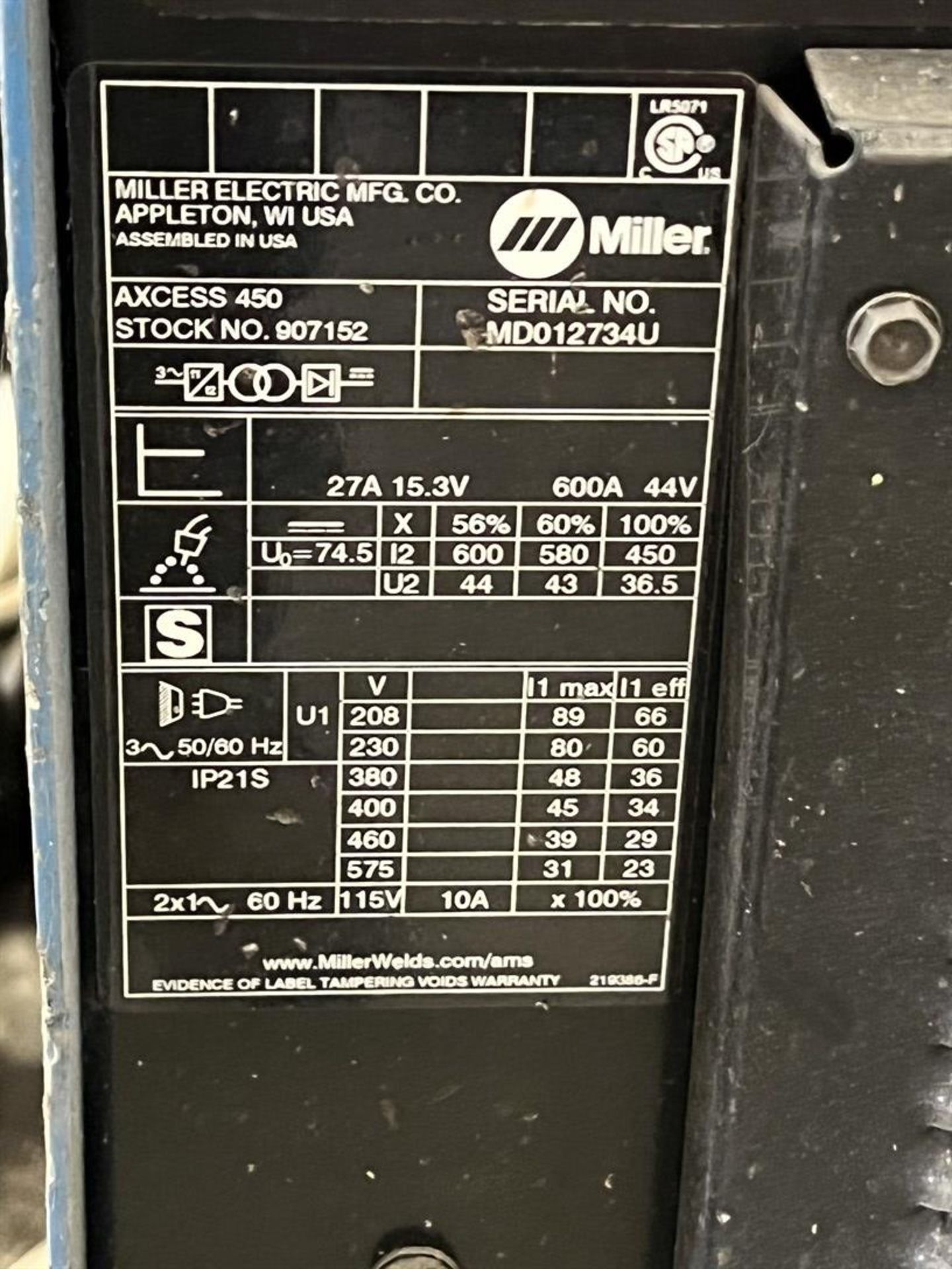 MILLER Axcess 450 MIG Welder, s/n MD012734U, w/ Axcess 40V Wire Feeder - Image 4 of 5