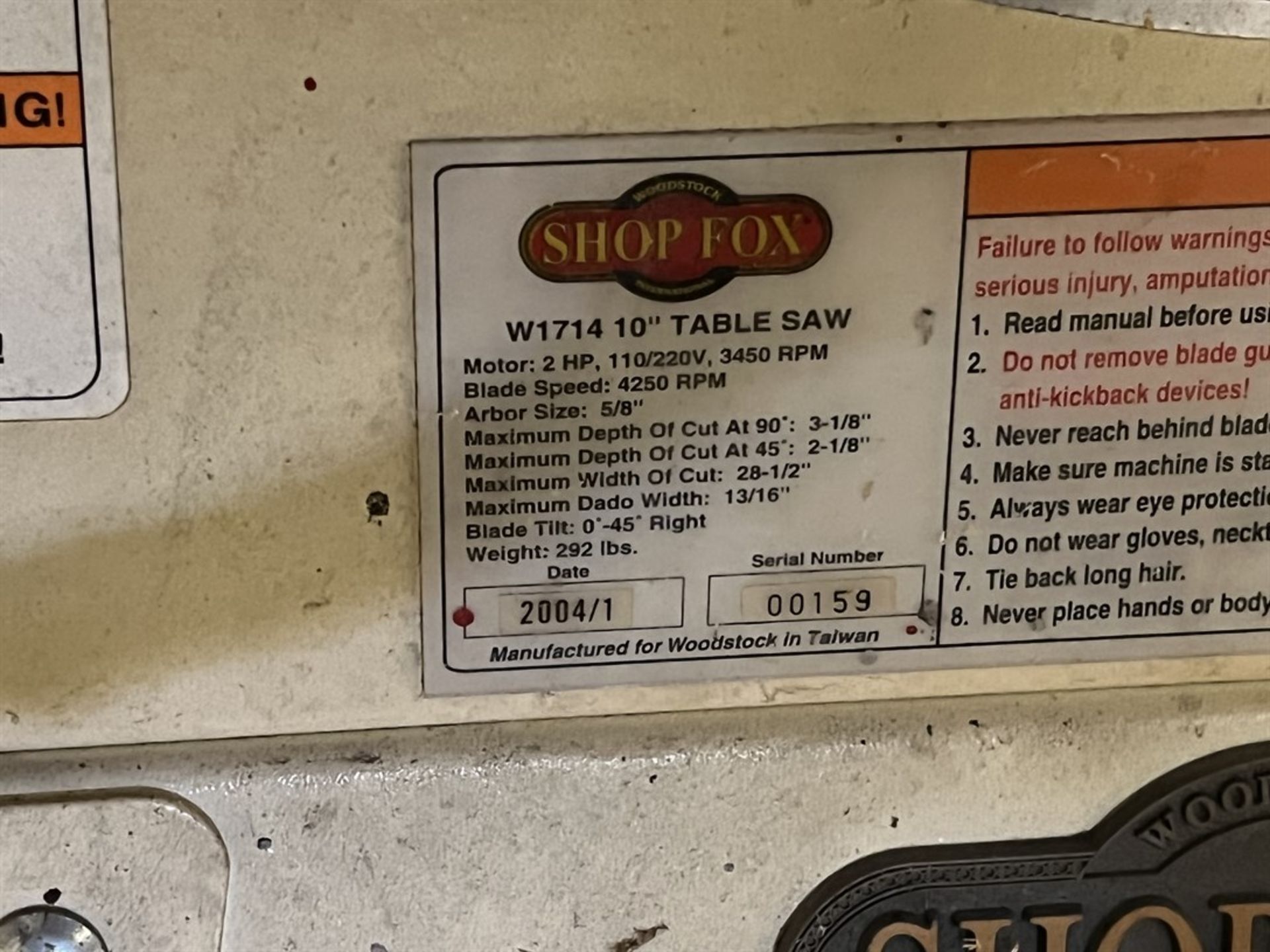 SHOP FOX W1714 10" Table Saw, s/n 00159, 2 HP, 110/220V, 3450 RPM - Image 4 of 4