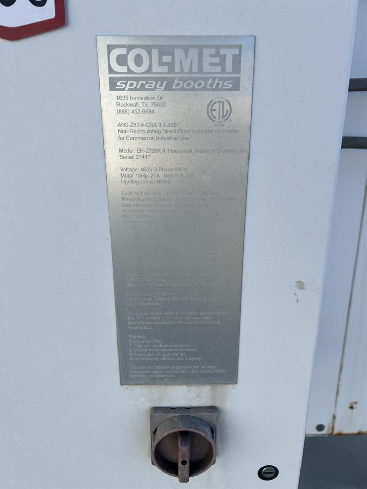 COL-MET EH-2026K Direct Fired Industrial Air Heater, s/n 27417,2.5MBH Max Rated Burner Capacity, 160 - Image 6 of 8