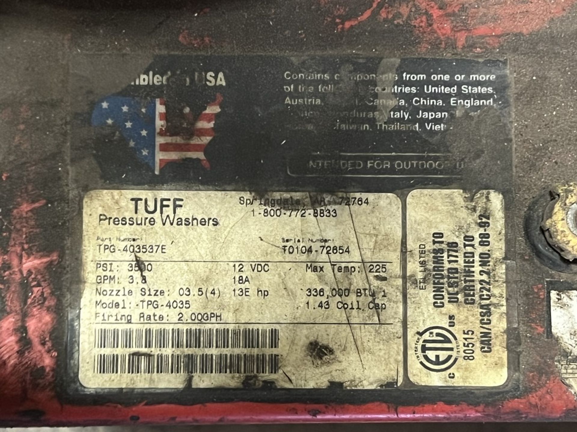 TUFF TPG-4035 Pressure Washer, s/n T0104-72654, 3500 PSI, 3.8 GPM, 225 Degrees F Max Temp, HONDA - Image 5 of 6