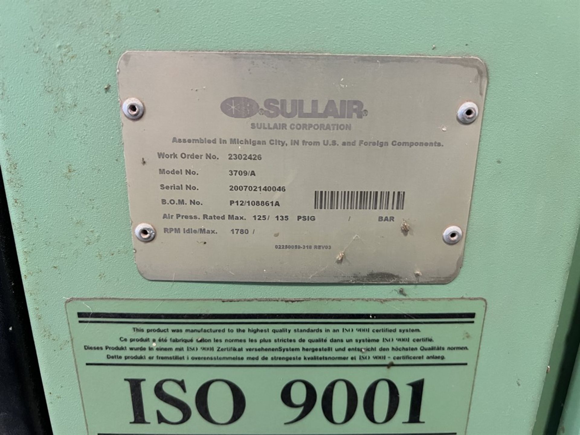 SULLAIR 3709/A Rotary Screw Type Air Compressor, s/n 200702140046, 125/135 PSIG, - Image 4 of 4