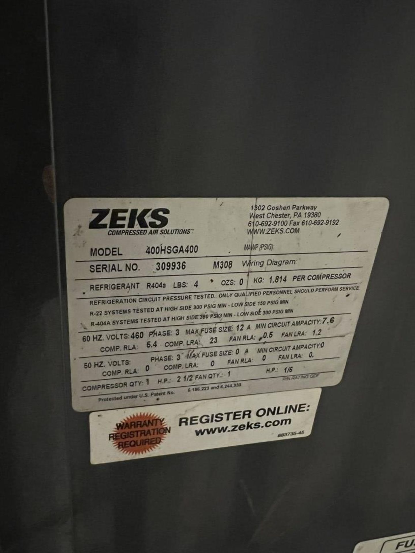 ZEKS 400HSGA400 Refrigerated Air Dryer, s/n 309936, R404a Refrigerant, 150-300 PSIG - Image 4 of 4