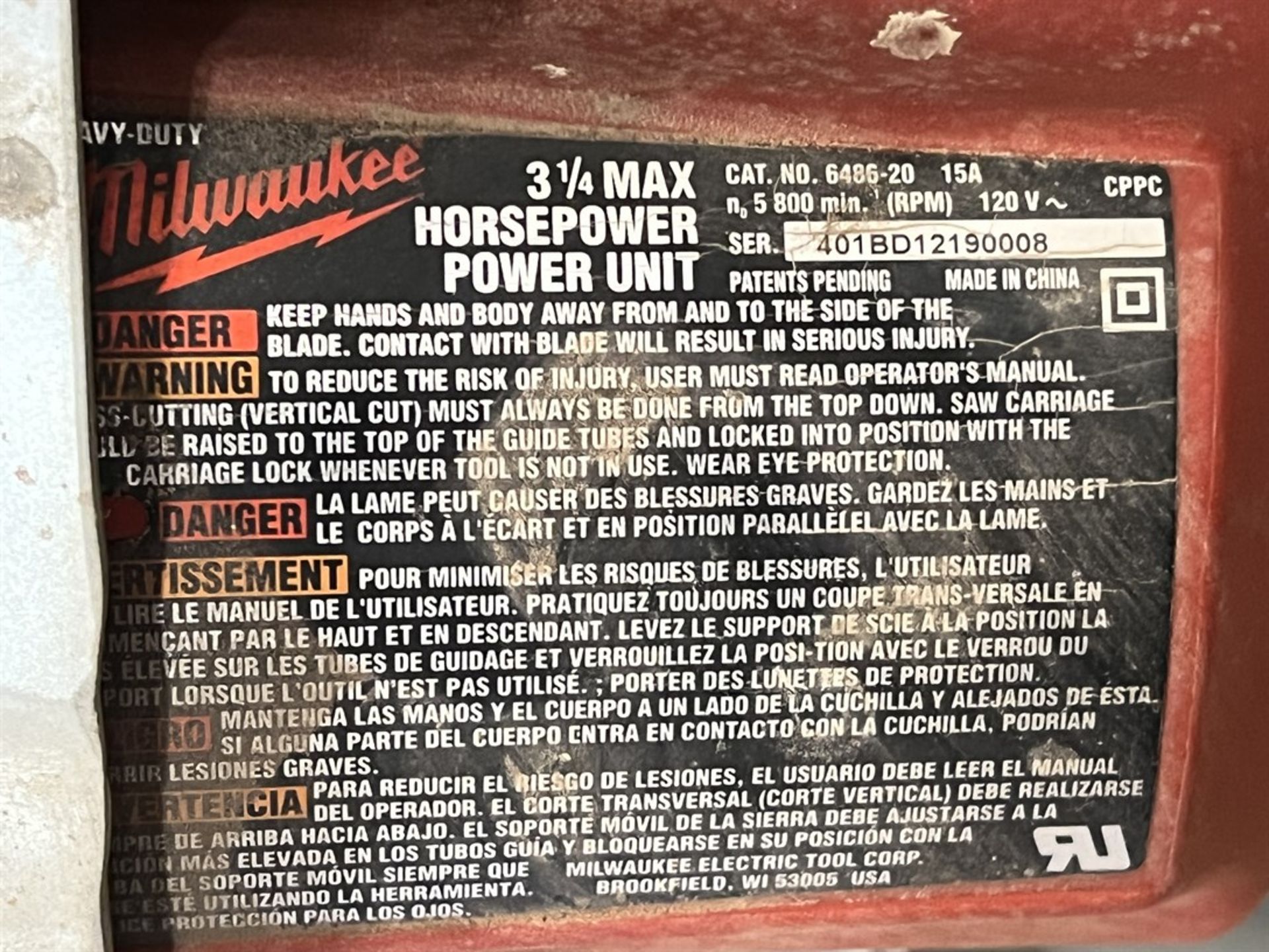 MILWAUKEE 6480-20 Panel Saw, s/n 697B911460061, w/ 3.25 HP Power Unit - Image 5 of 5